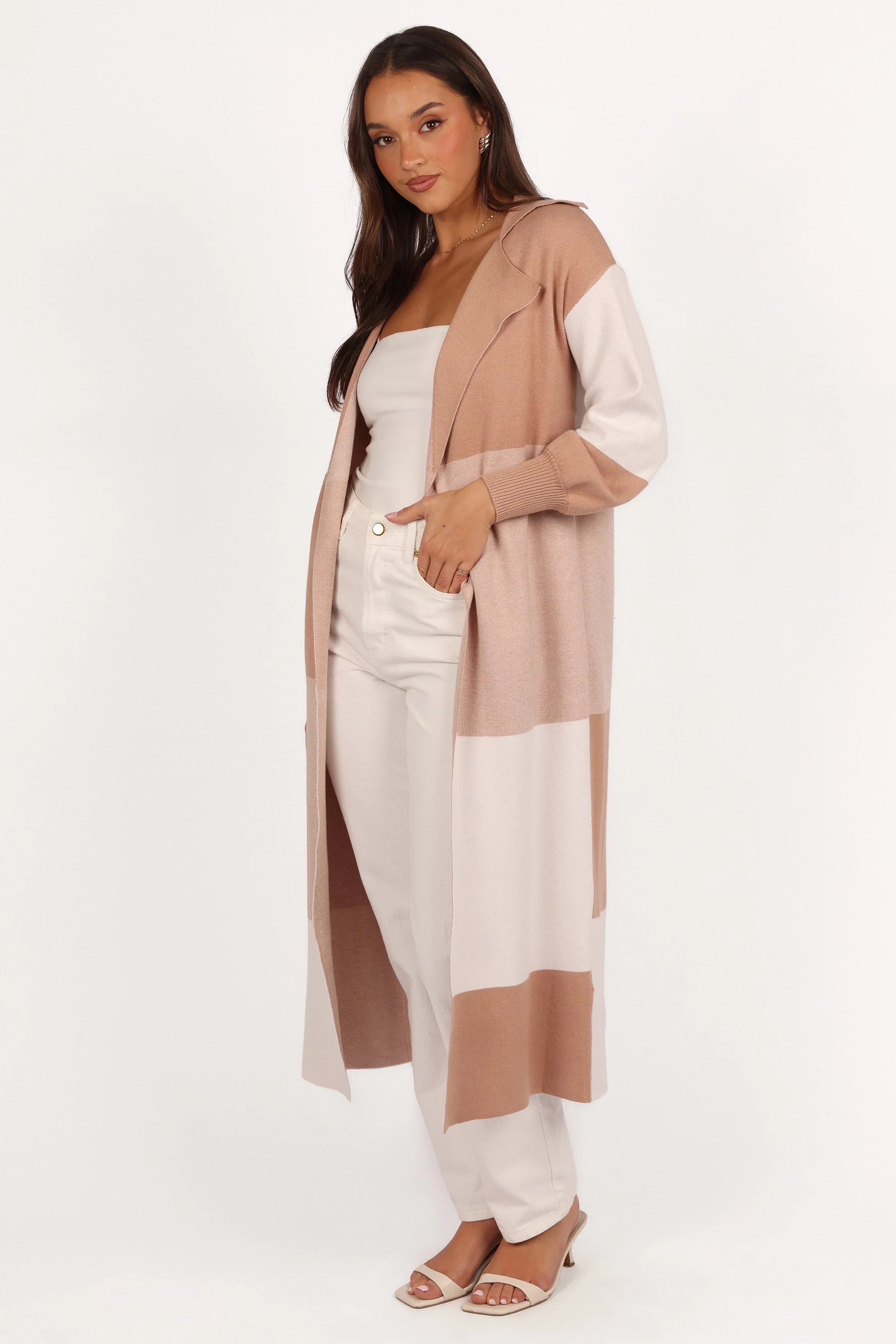 Kingston Large Check Long Cardigan Beige Check