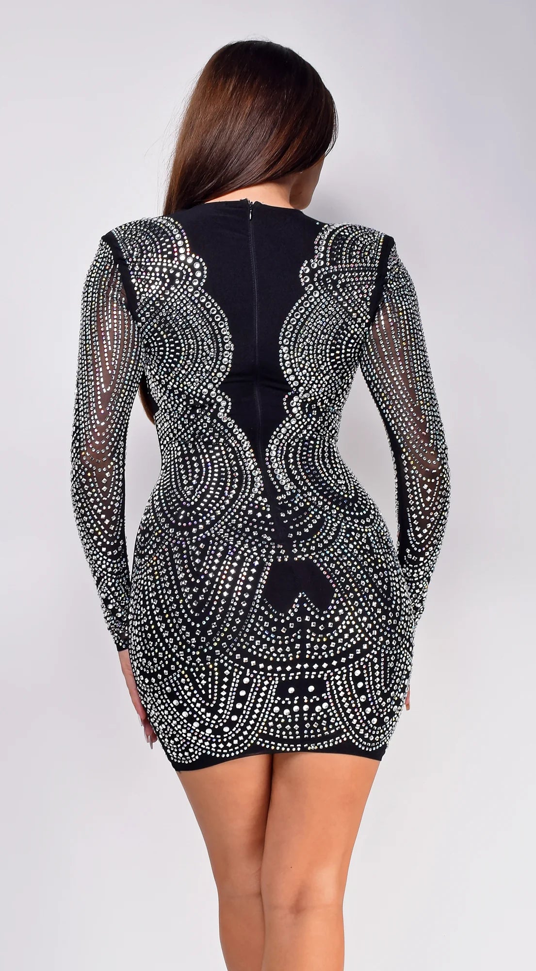 Nuria Black Mesh Rhinestone Mini Dress