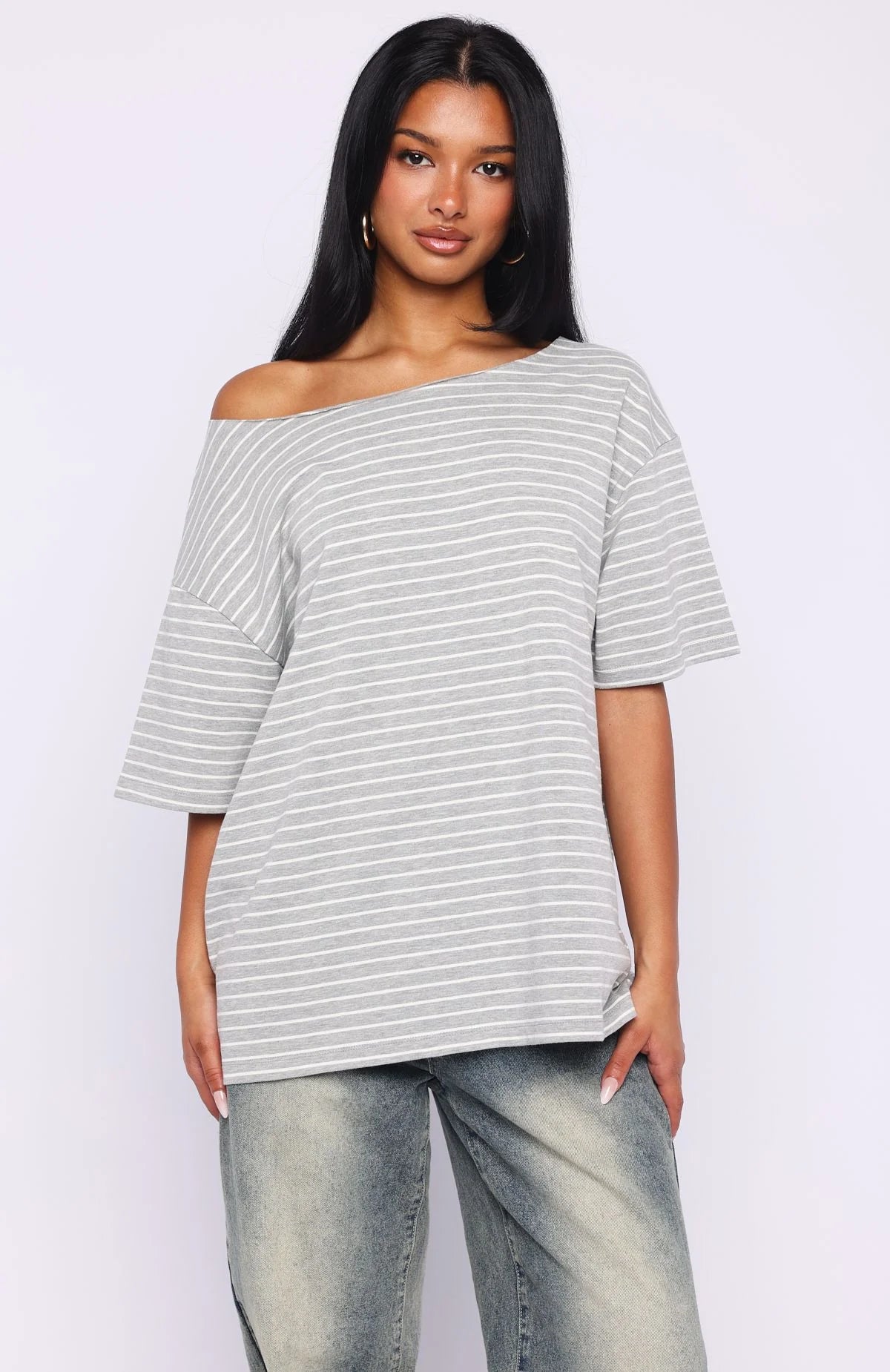 Give Me Options Off Shoulder Tee Grey White Stripe