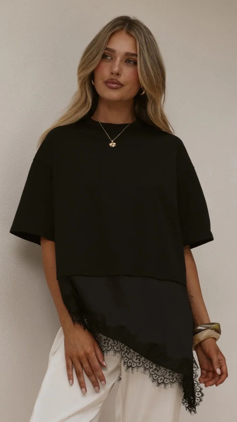 Mirandah Satin Panel T Shirt Black