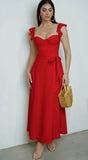 Valeria Corset Ruffle Midi Dress Red