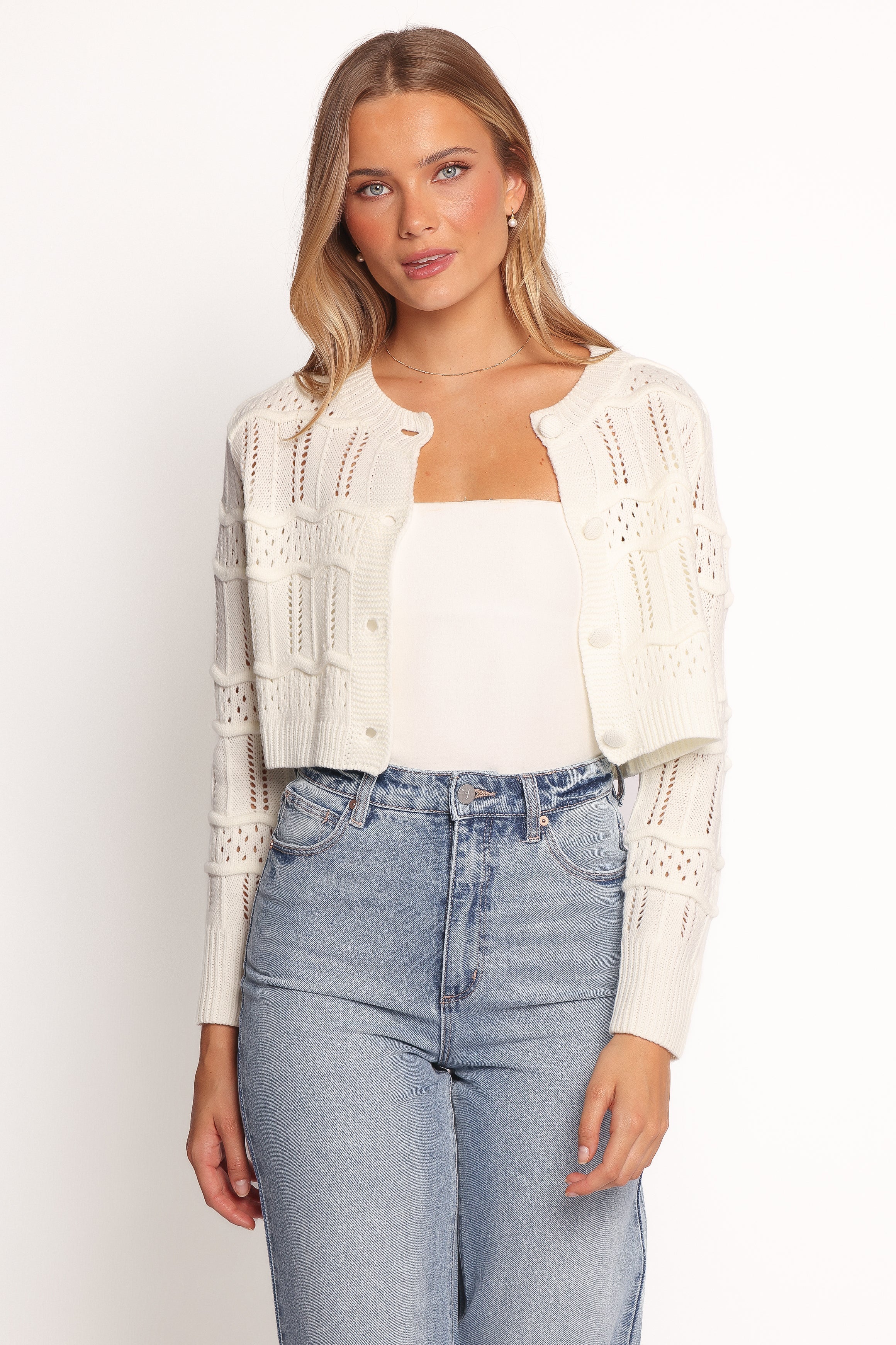 Aidy Crop Button Front Cardigan White
