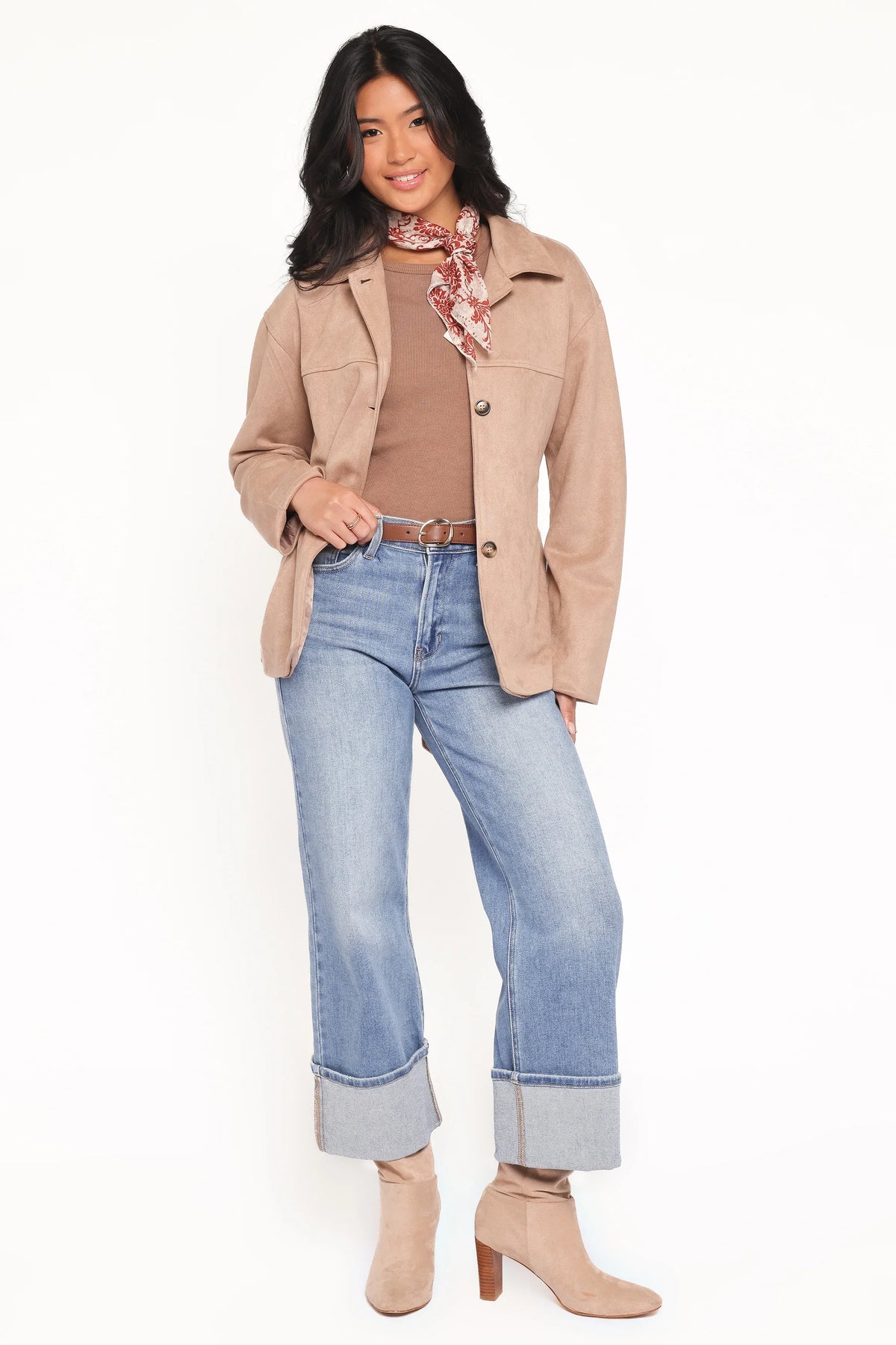 Nelly Faux Suede Cropped Trench Coat Mushroom