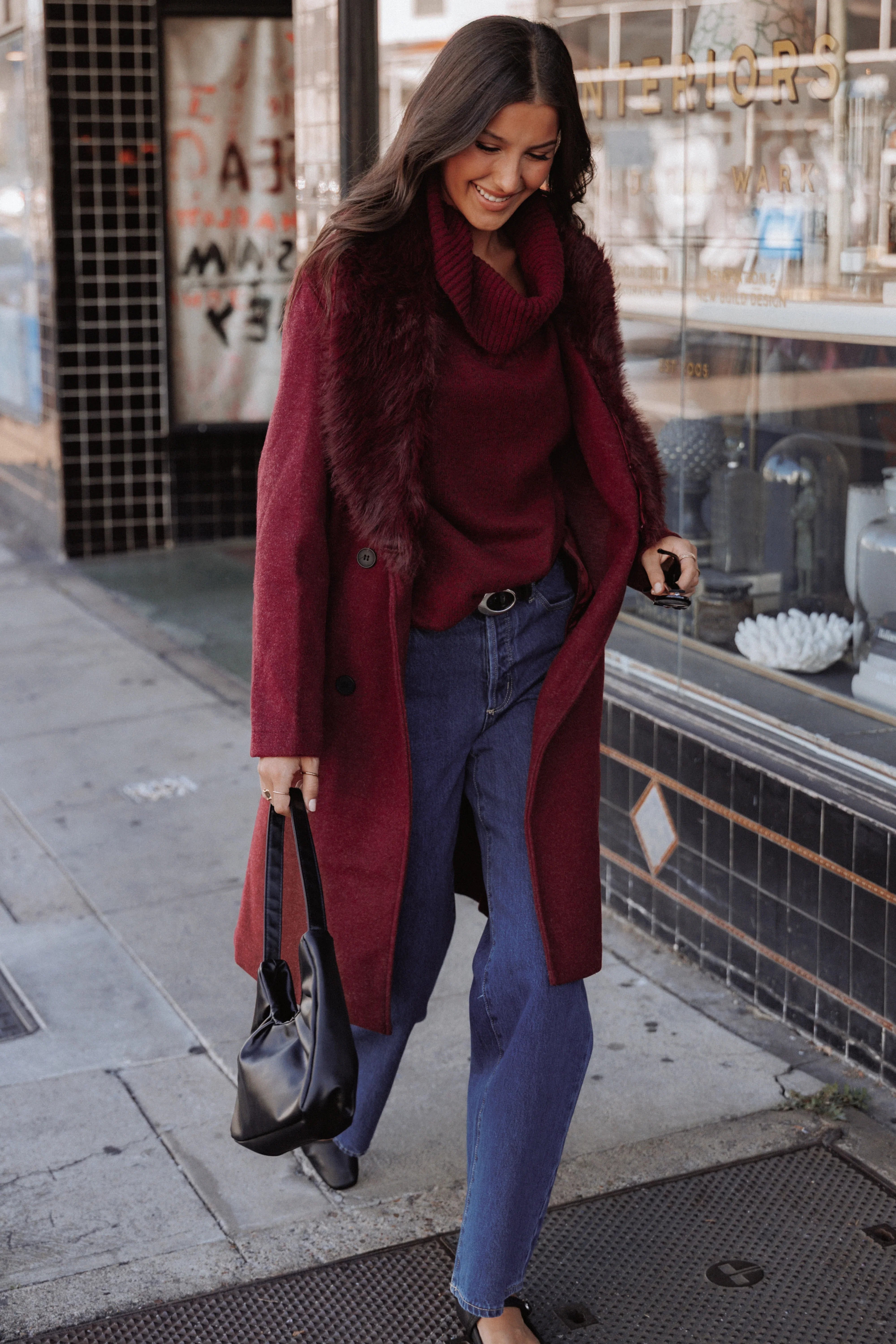 Nina Fur Collar Tie Waist Coat Burgundy
