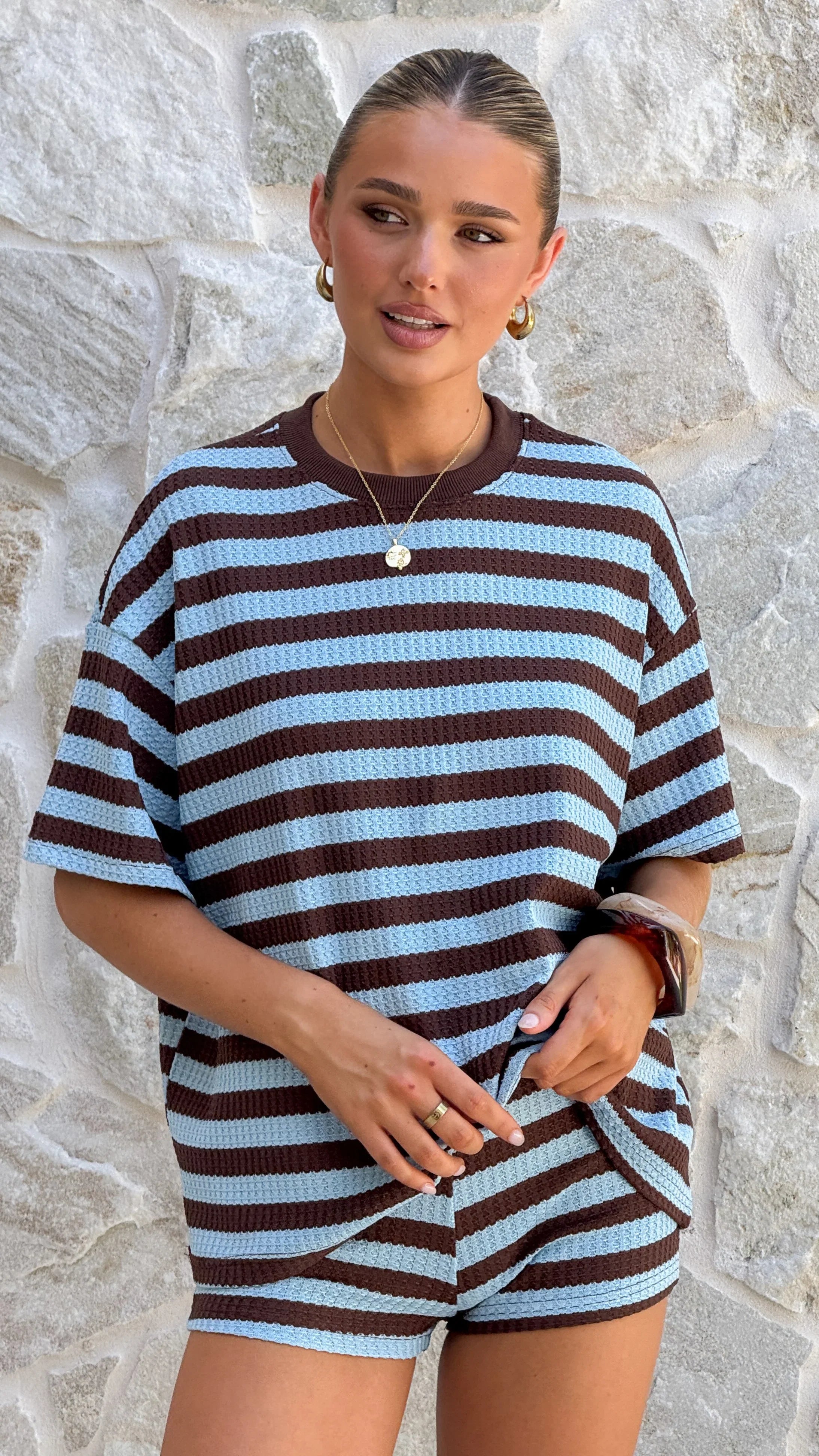 Makenna T Shirt and Shorts Set Chocolate Blue Stripe