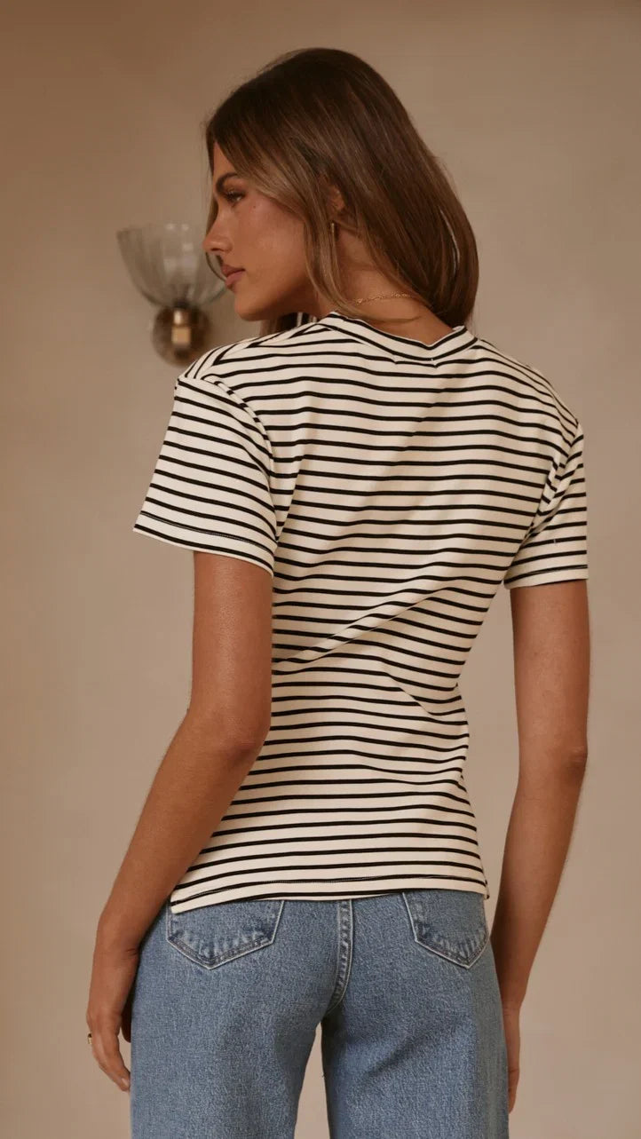 Tiarna Side Ruched Tee Black White Stripe