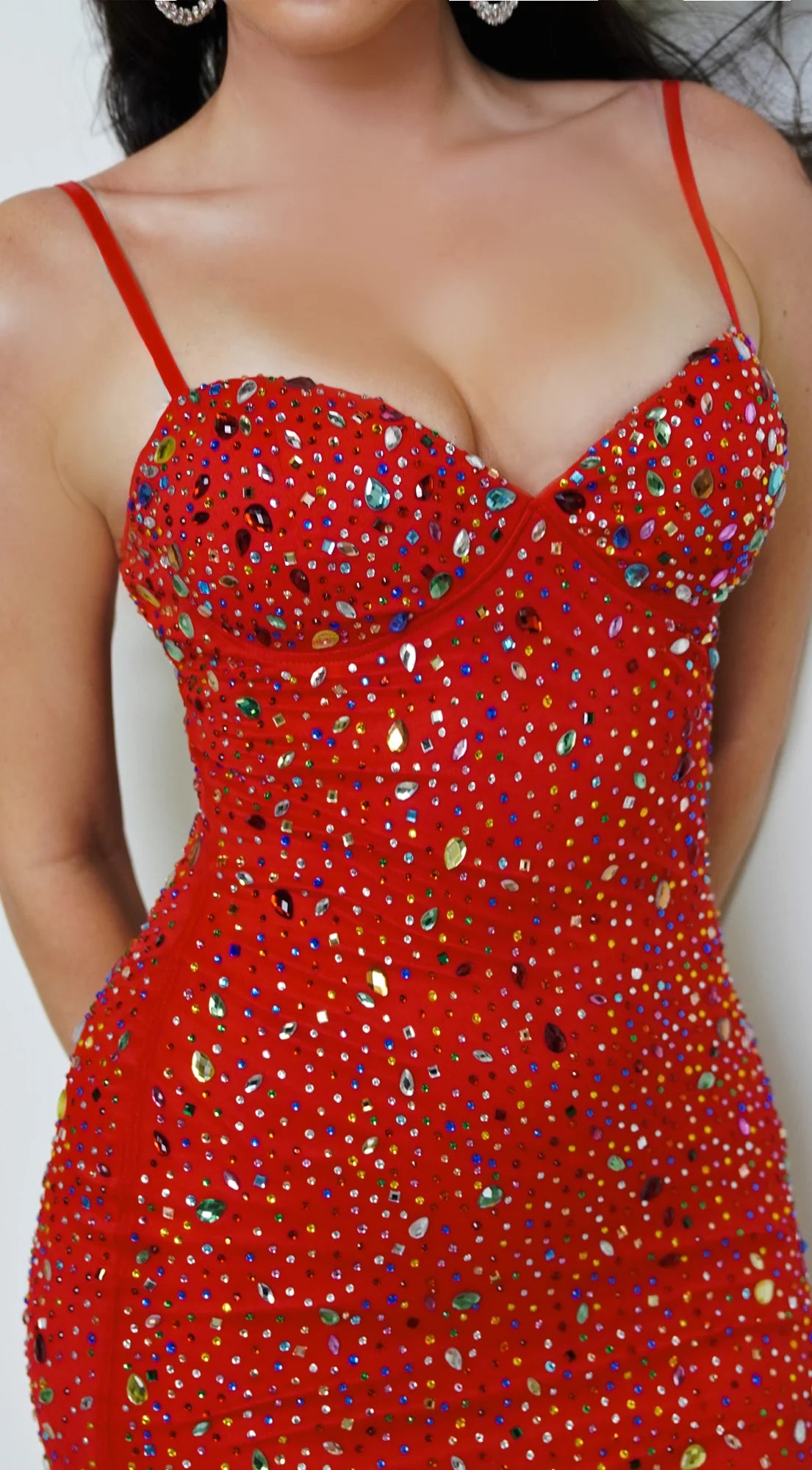 Barletta Rhinestone Multi Gem Studded Maxi Dress Red