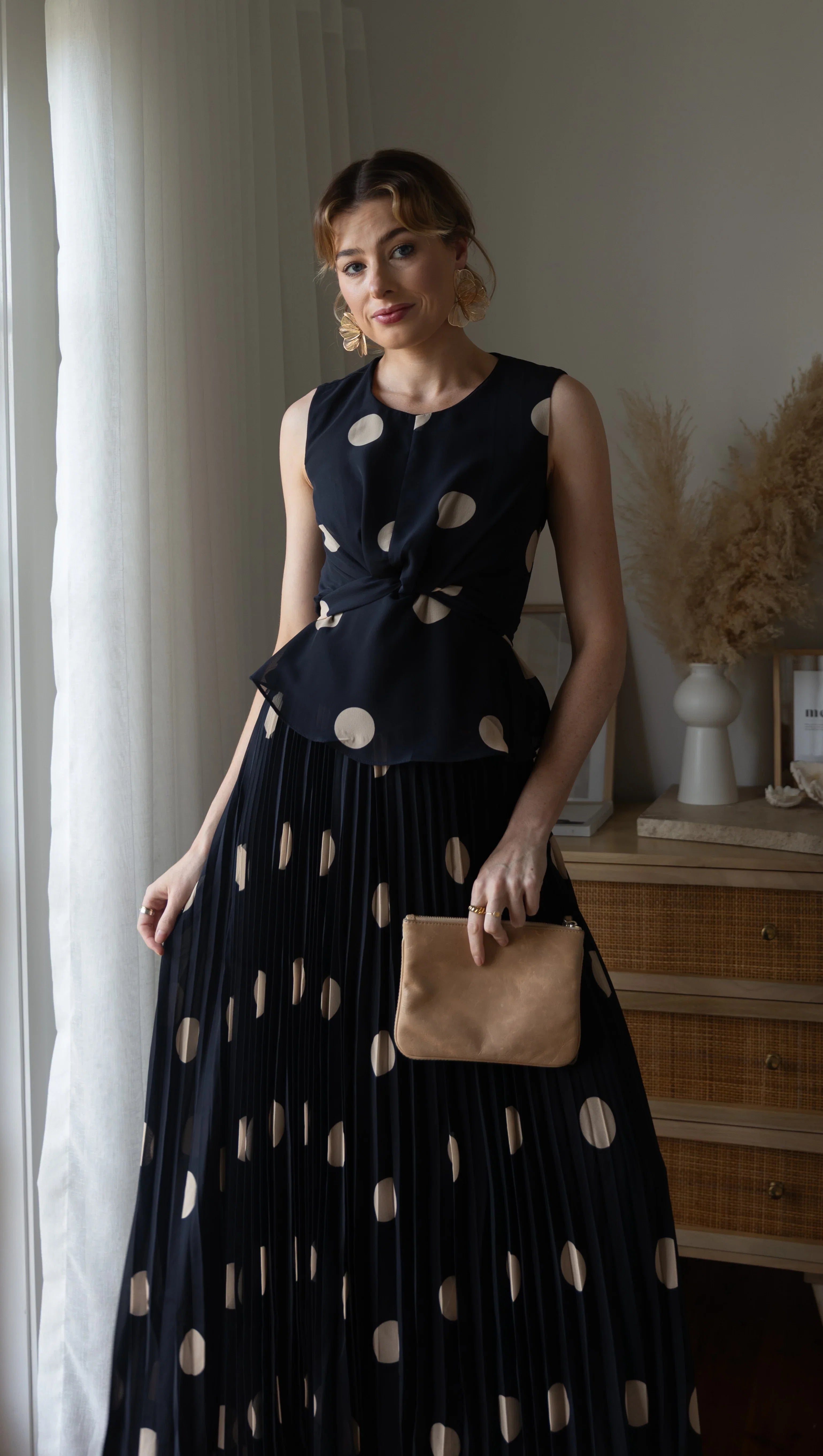Cambree Peplum Top and Maxi Skirt Set Black Beige Polka Dot