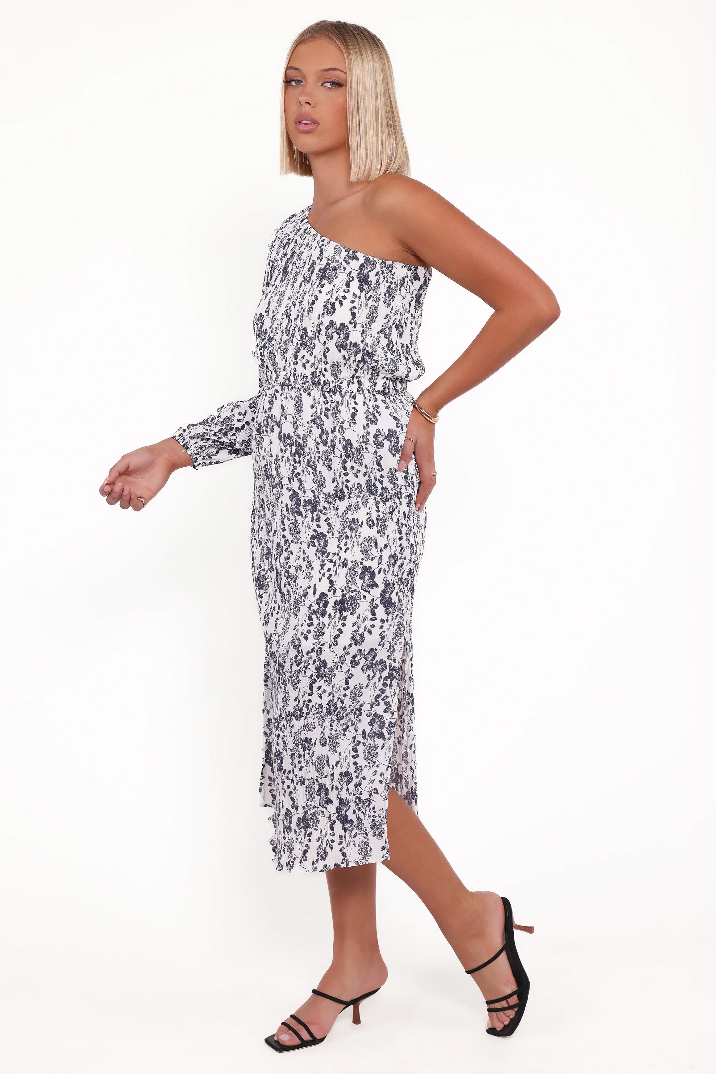 Pontee One Shoulder Pleated Midi Dress Navy Floral