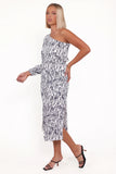 Pontee One Shoulder Pleated Midi Dress Navy Floral