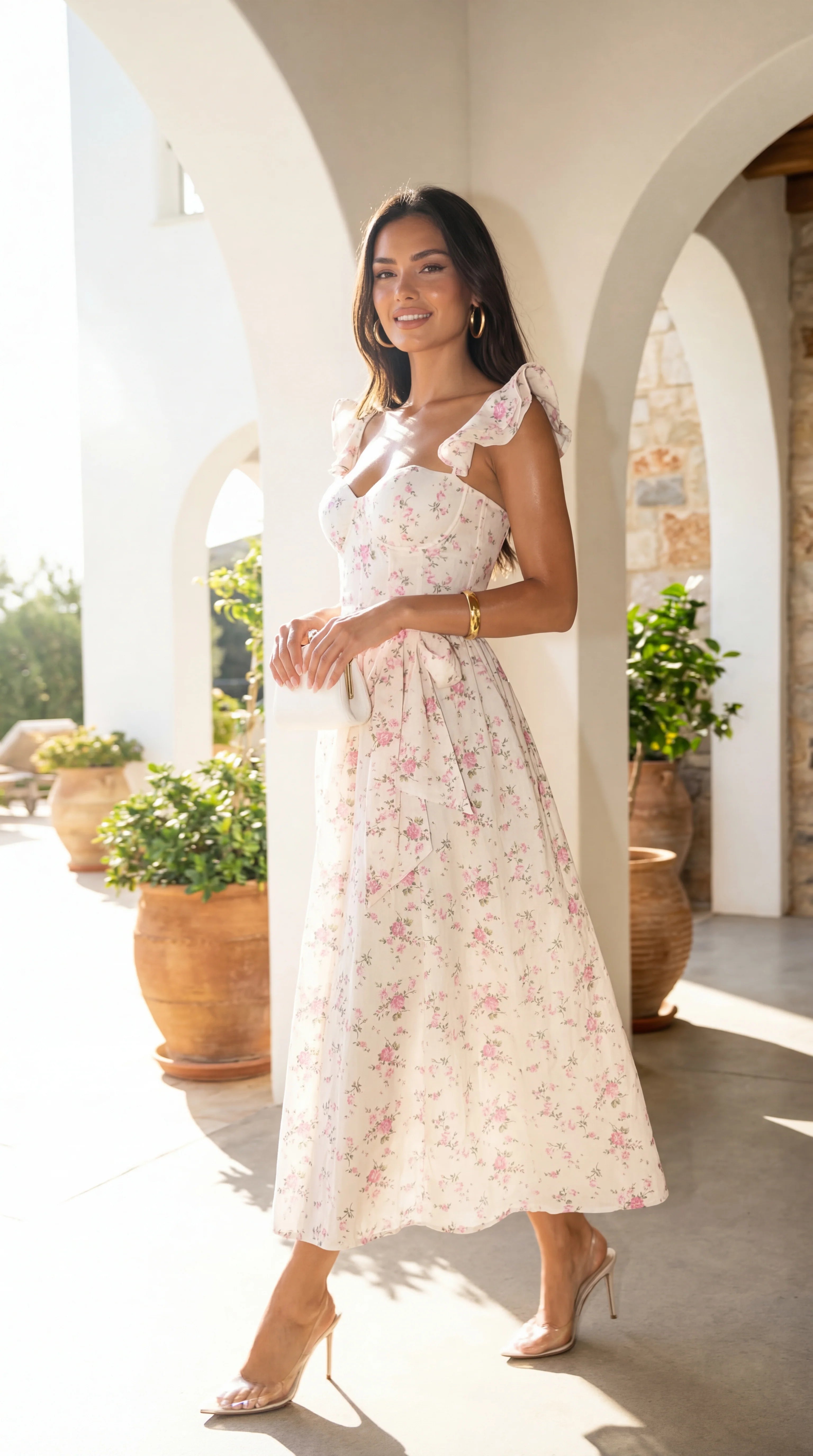 Florienne Floral Corset Flutter Midi Dress Ivory