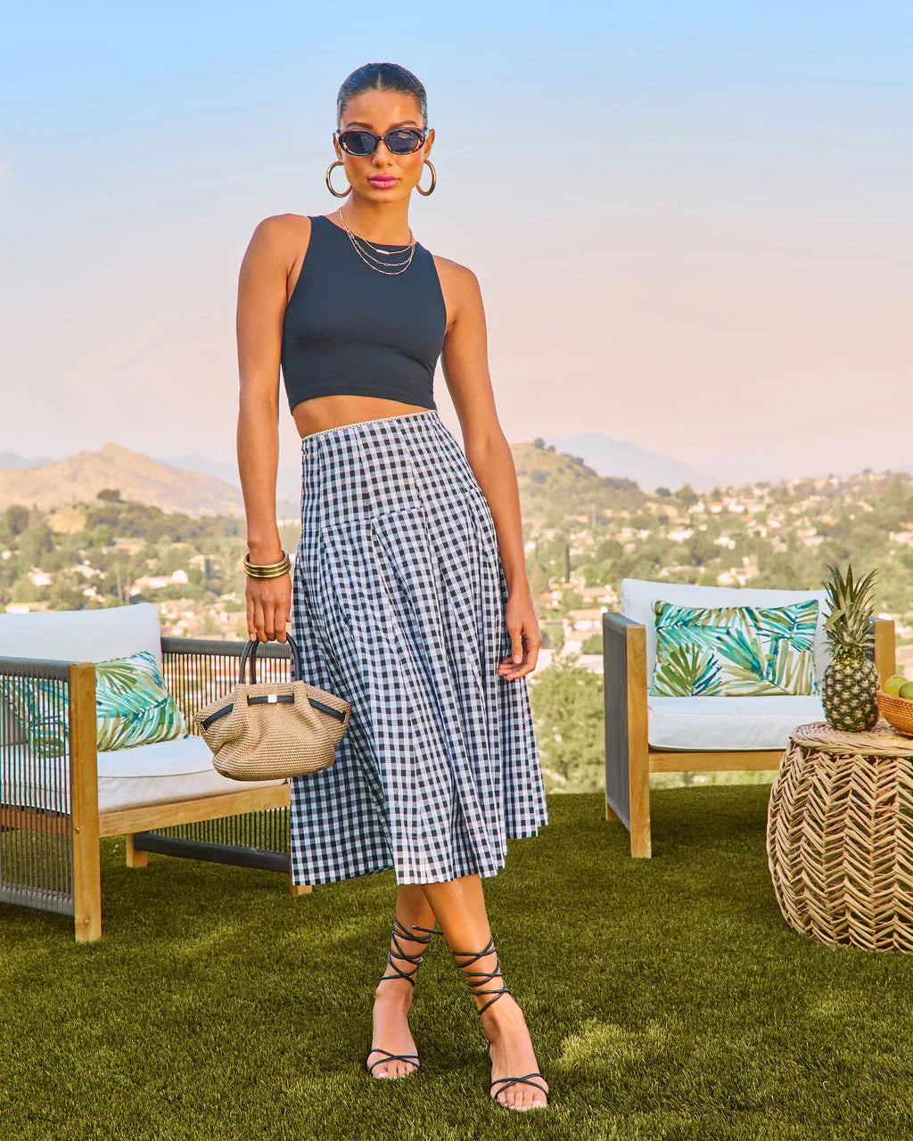 Coastal Picnic Cotton Gingham Print Midi Skirt