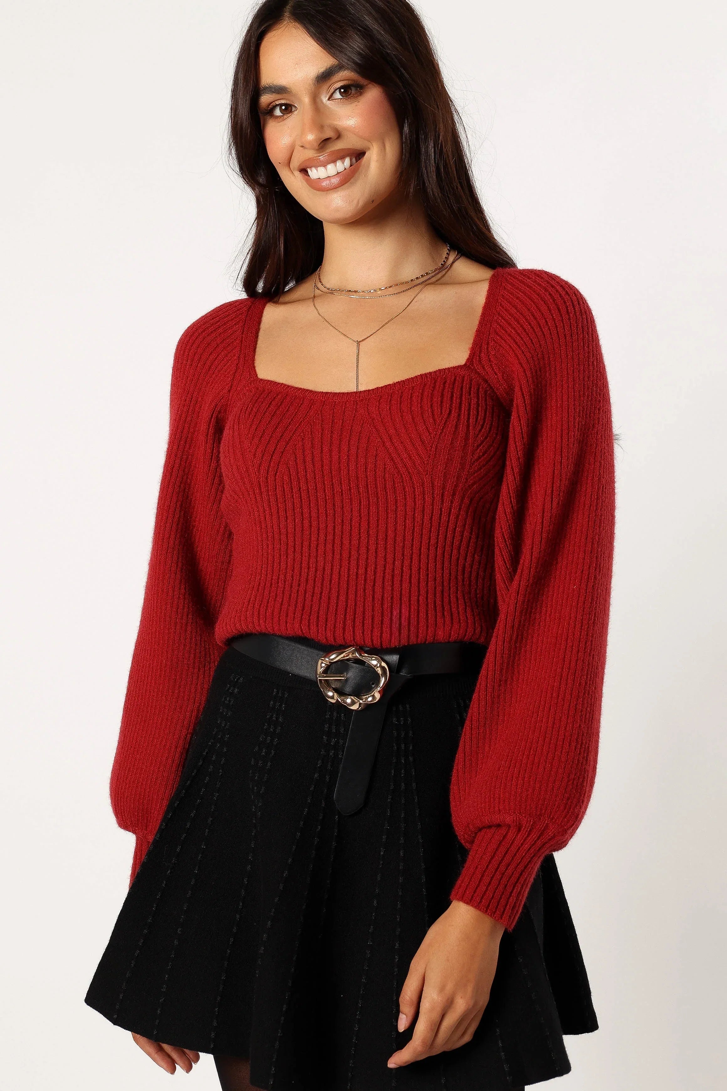 Gia Sweetheart Neck Bell Sleeve Knit Sweater Wine