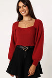 Gia Sweetheart Neck Bell Sleeve Knit Sweater Wine