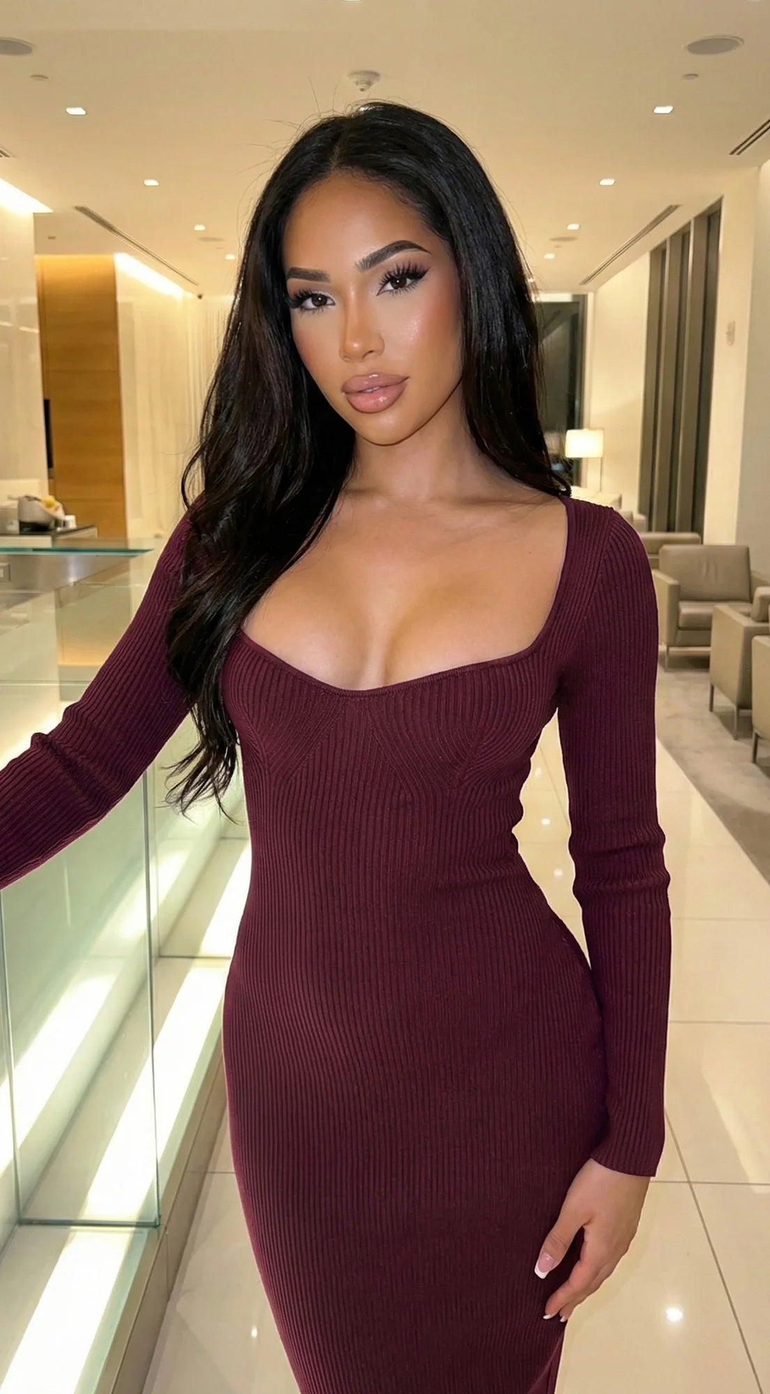 Noirelle Ribbed Midi Dress Burgundy Red