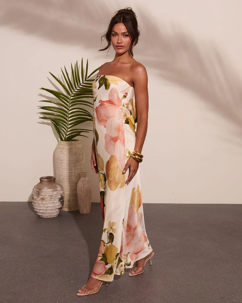 Summer Reverie Strapless Floral Satin Maxi Dress