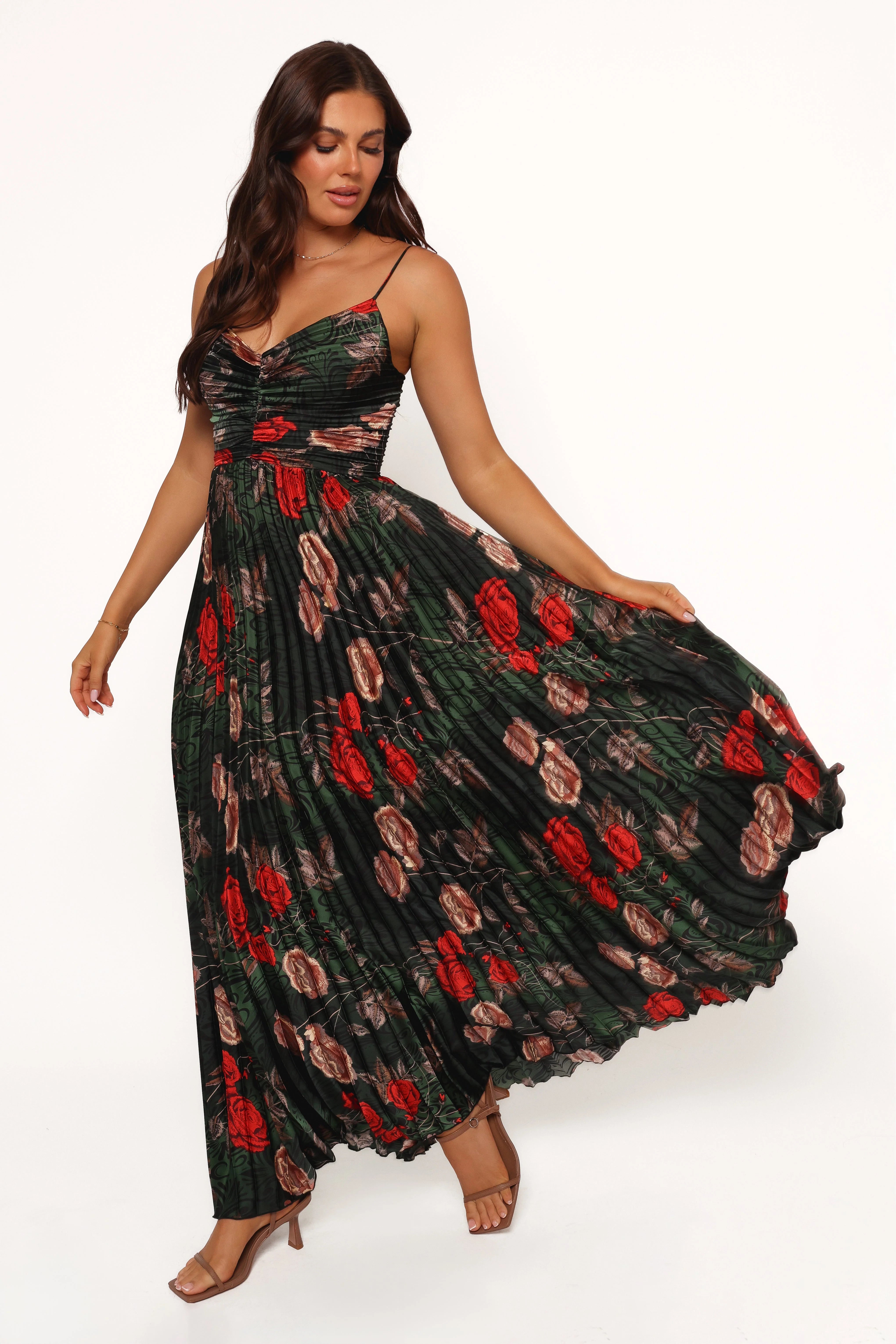 Naira Pleated Maxi Dress Green Floral