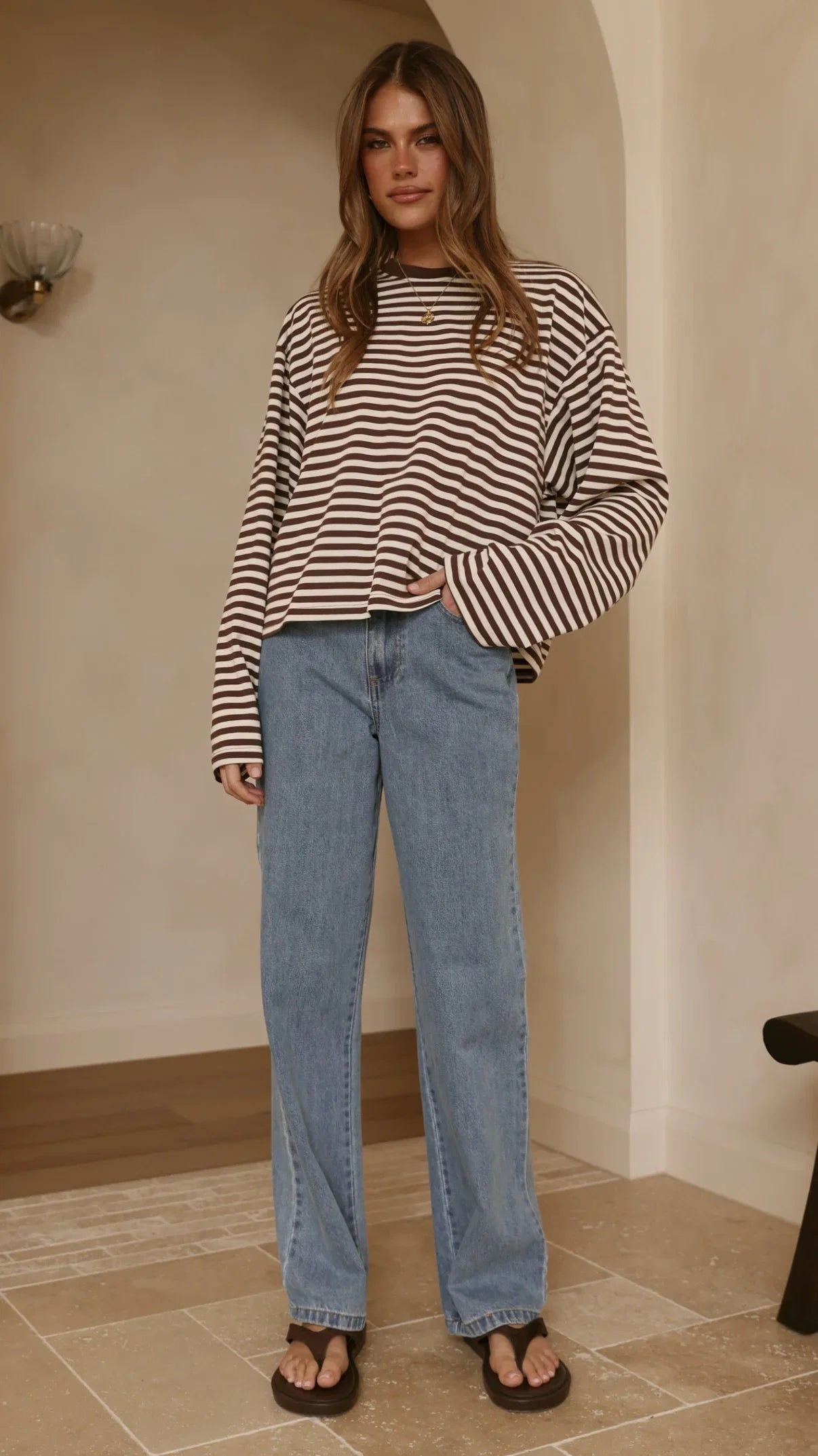 Solana Long Sleeve Top Choc White Stripe
