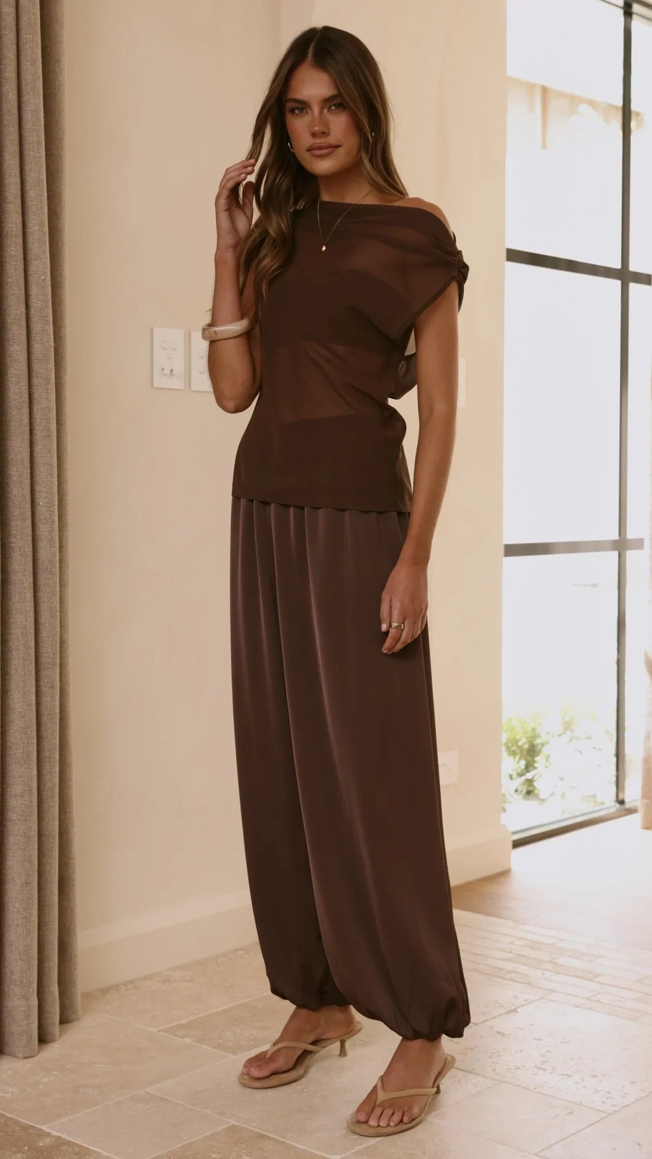 Zabella Sheer Off Shoulder Top Chocolate