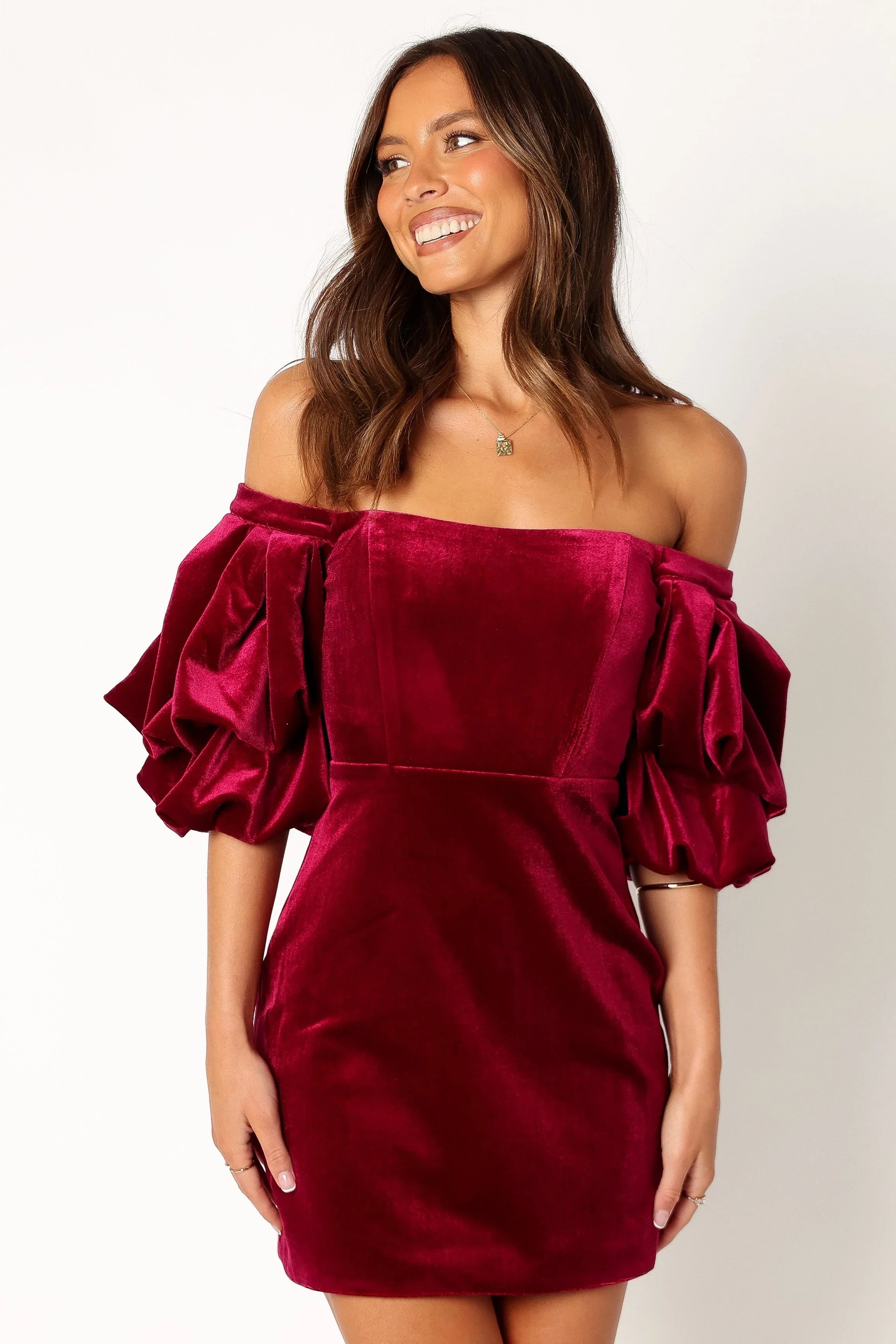Dali Off Shoulder Velvet Mini Dress Ruby