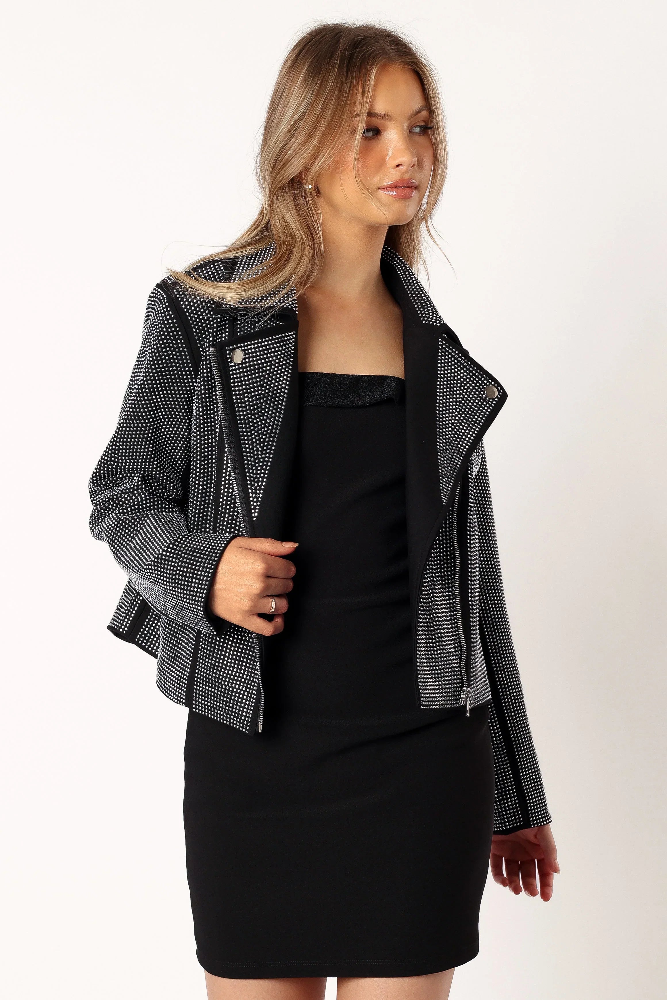 Elaina Crystal Studded Moto Jacket Black