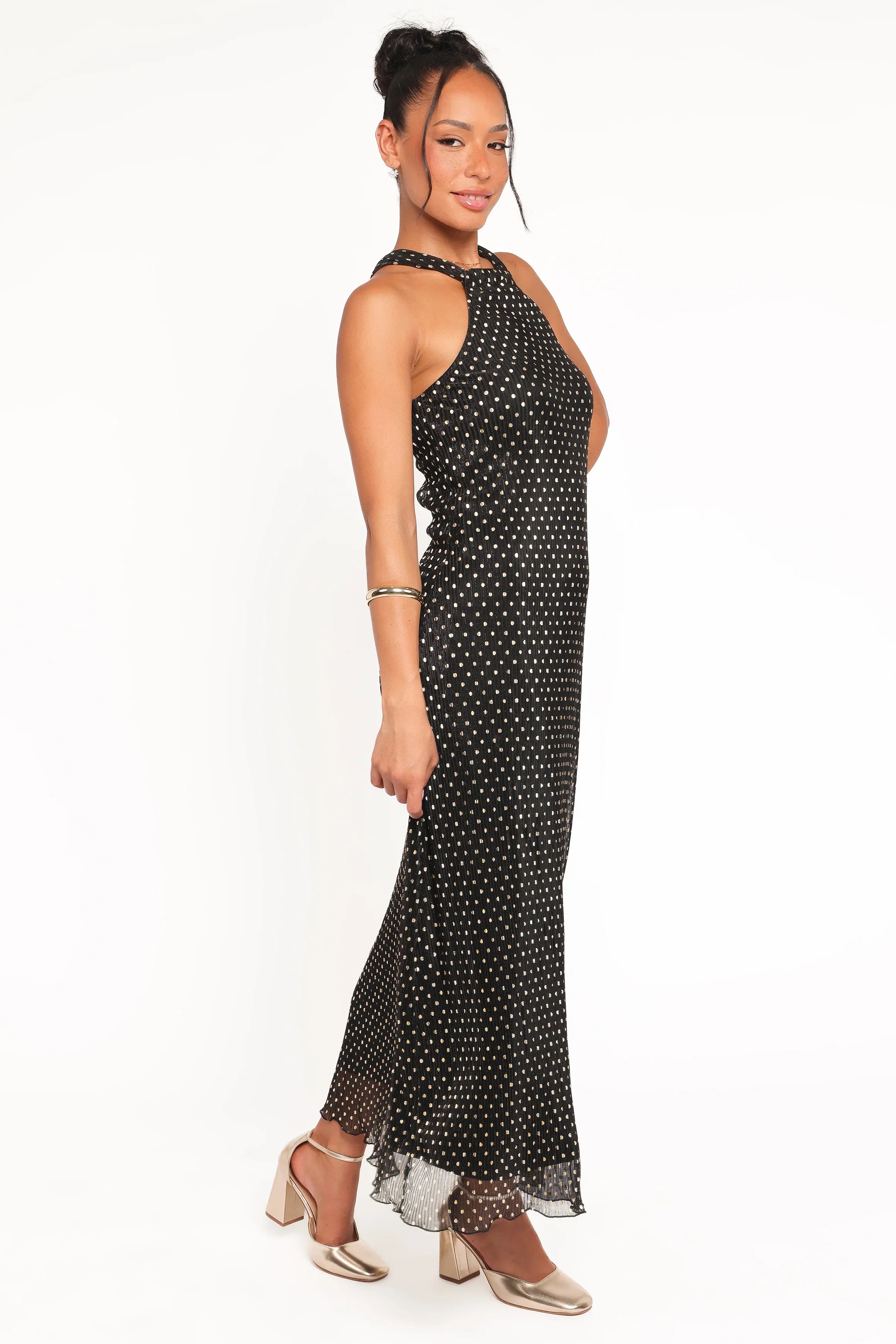 Melody Plisse Halter Maxi Dress Black Gold Polka Dot