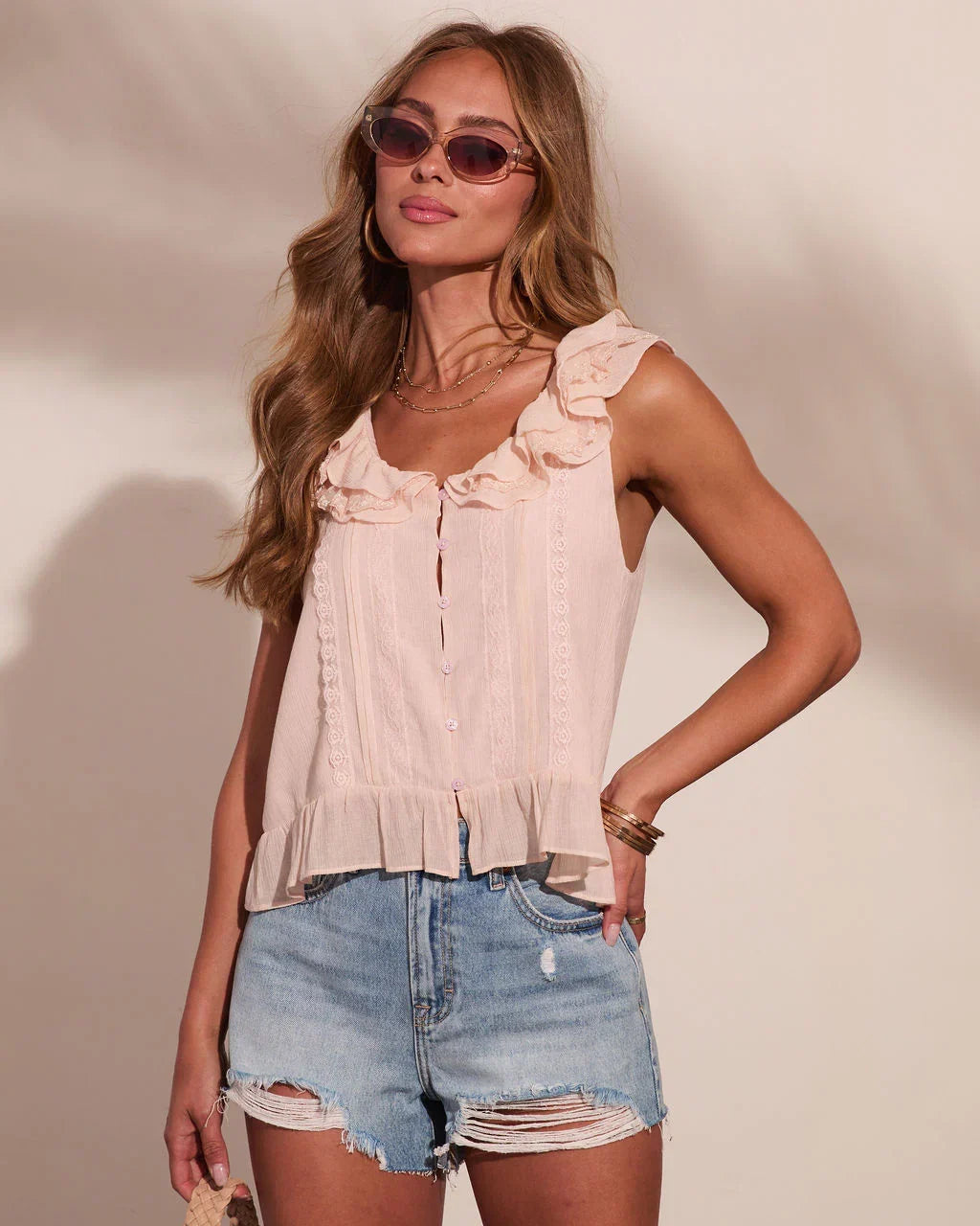 Gentle Style Ruffle Trim Top