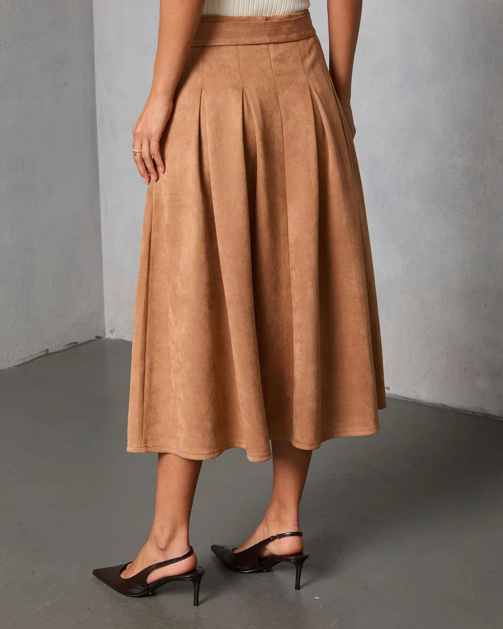 Table Ready Suede Waist Tie Pleated Midi Skirt