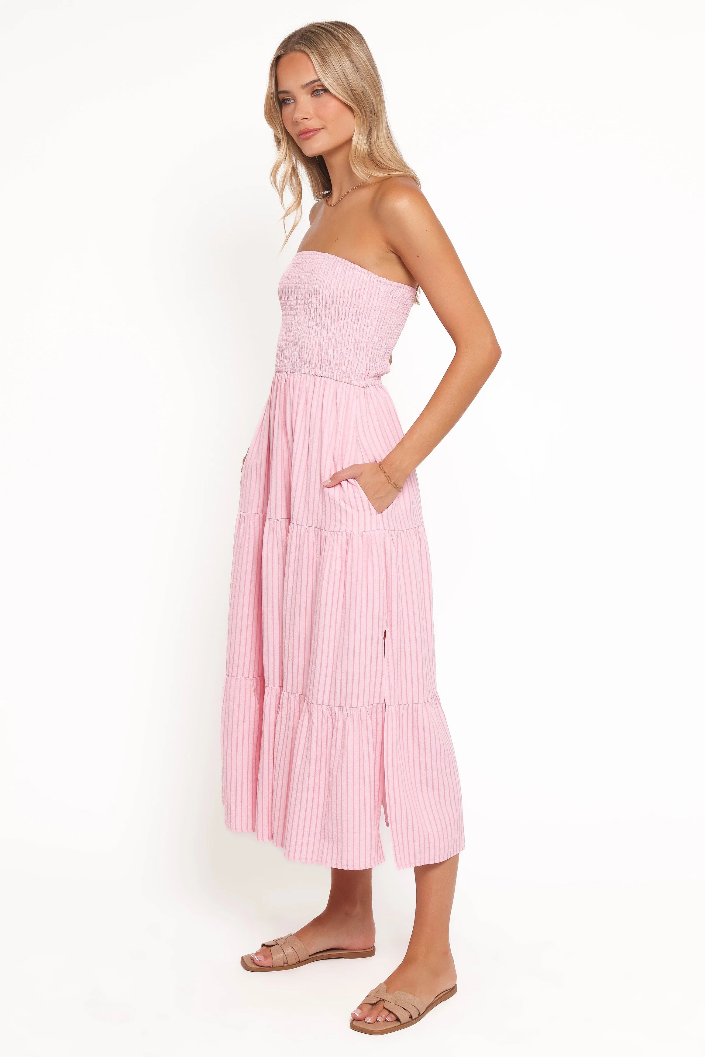 Maisie Strapless Midi Dress Pink Stripe