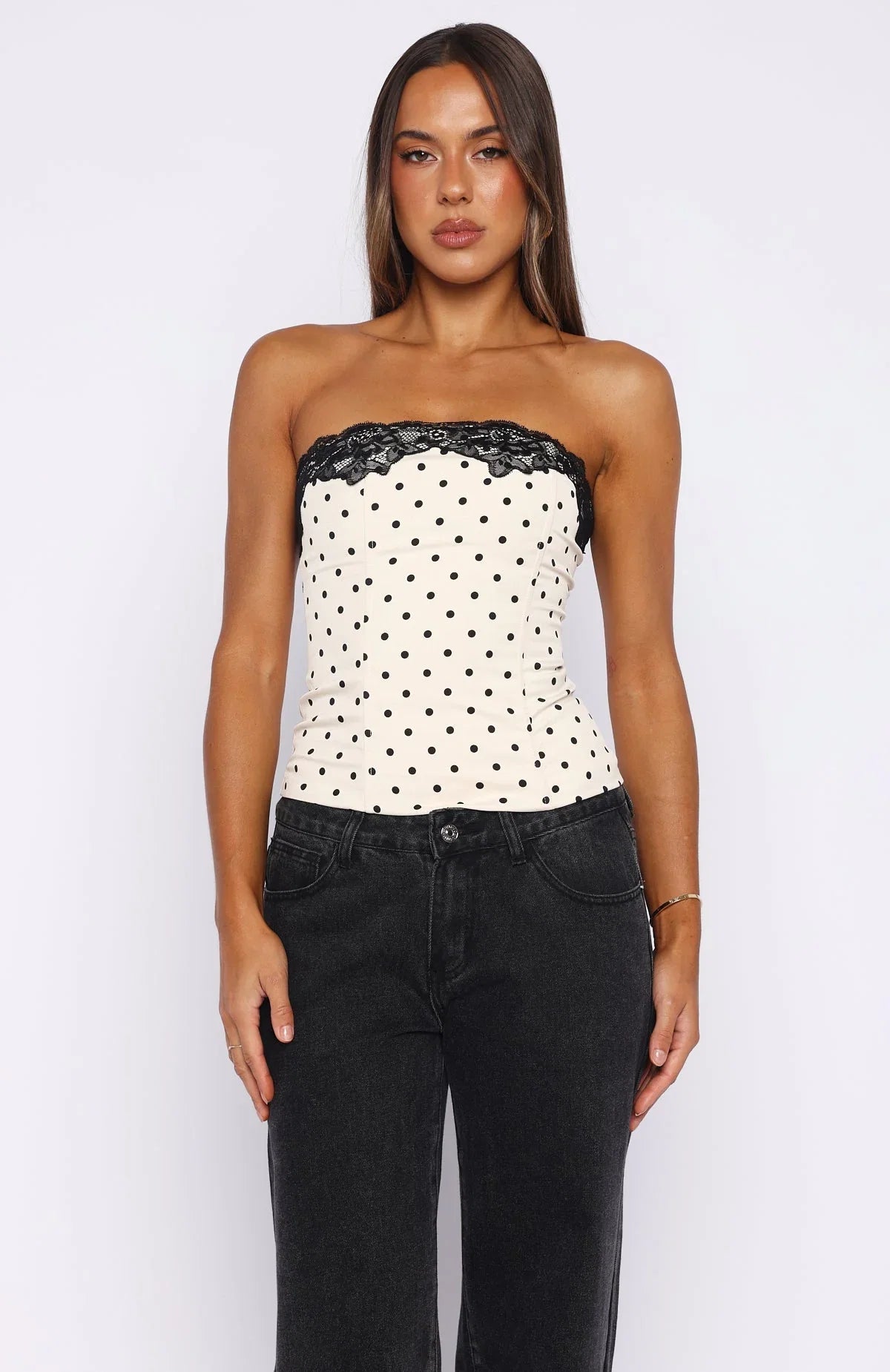 Flow Of Things Strapless Bustier Cream Black Polka Dot