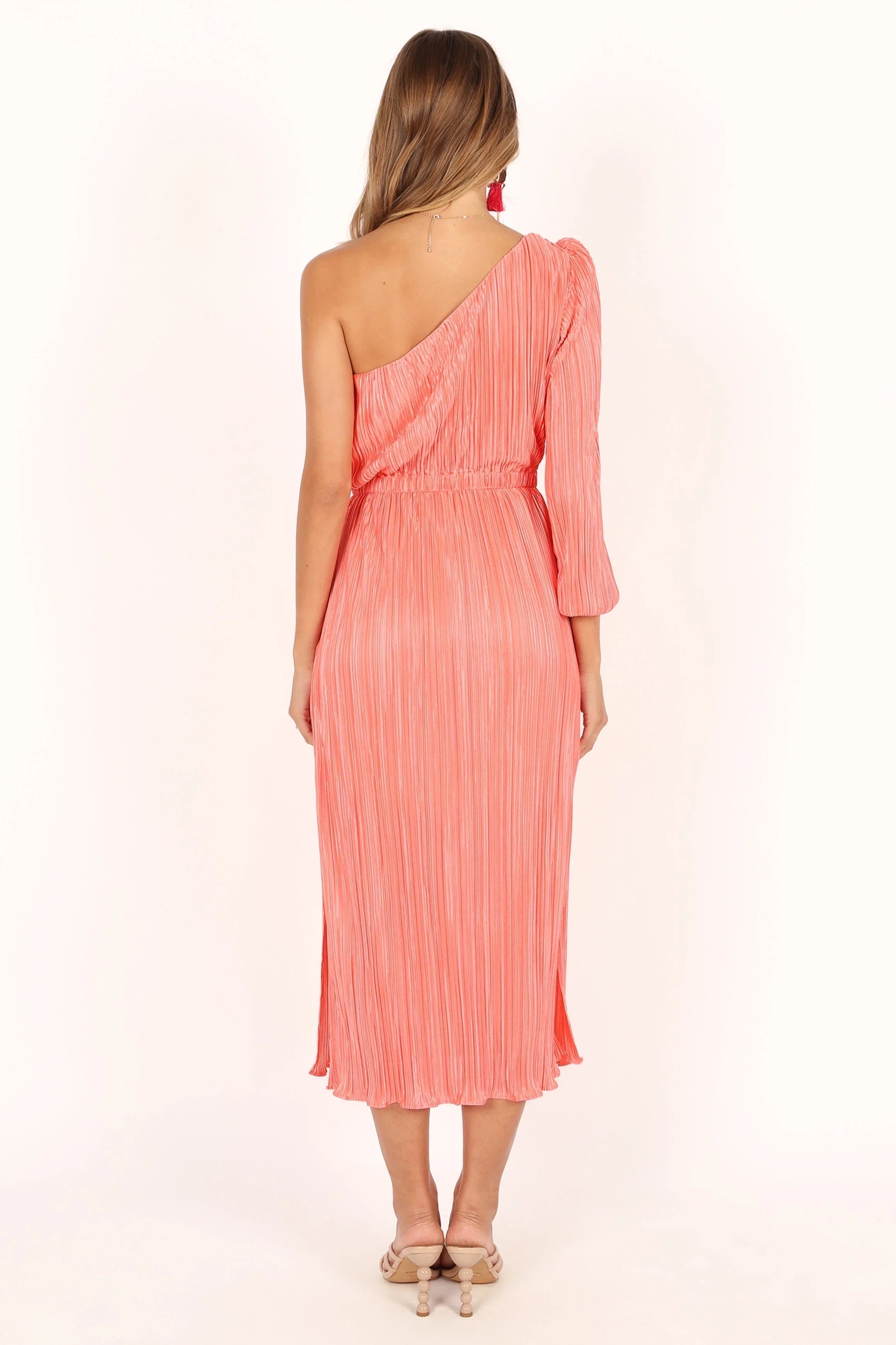 Pontee One Shoulder Pleated Midi Dress Coral