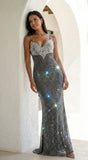 Maravelle Rhinestone Mermaid Maxi Dress Black