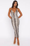 Shes A Queen PU Midi Dress Tan Snake