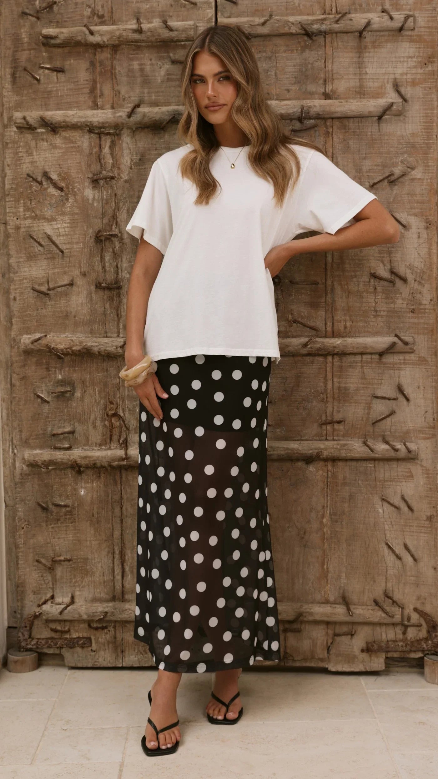 Onella Semi Sheer Maxi Skirt Black White Polka Dot