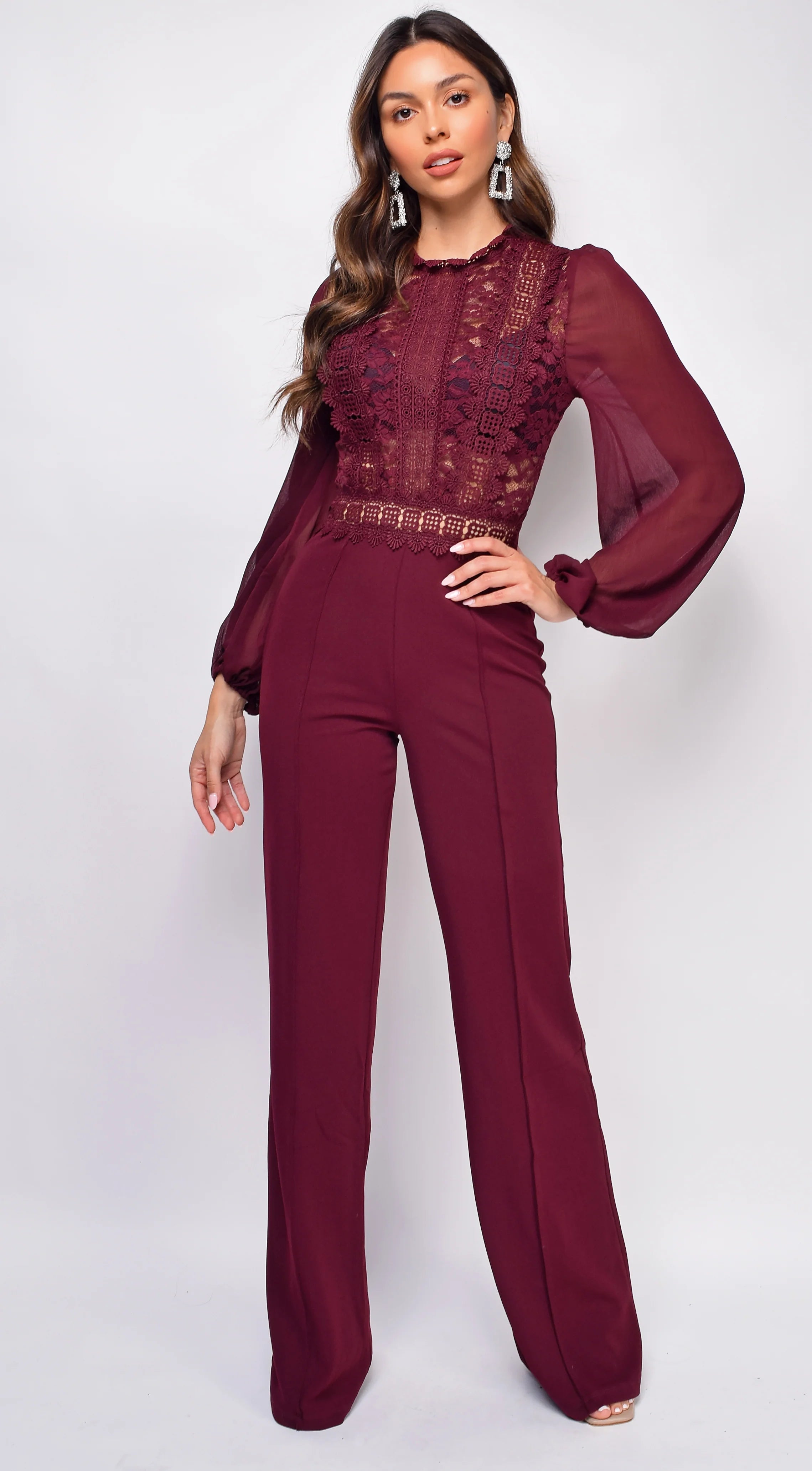 Nerine Crochet Lace Mesh Jumpsuit Burgundy Red