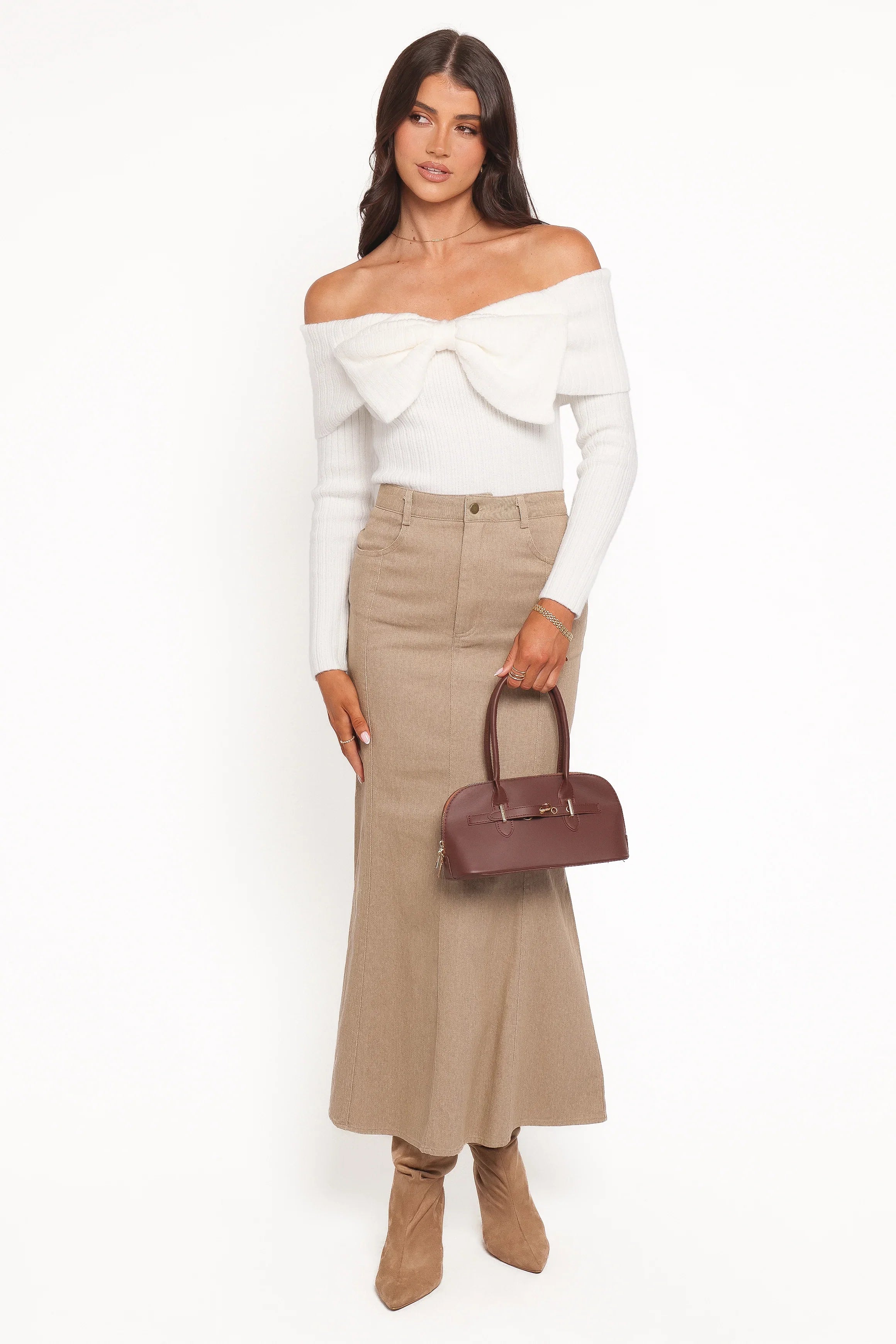 Helene Bow Off Shoulder Knit Sweater Ivory