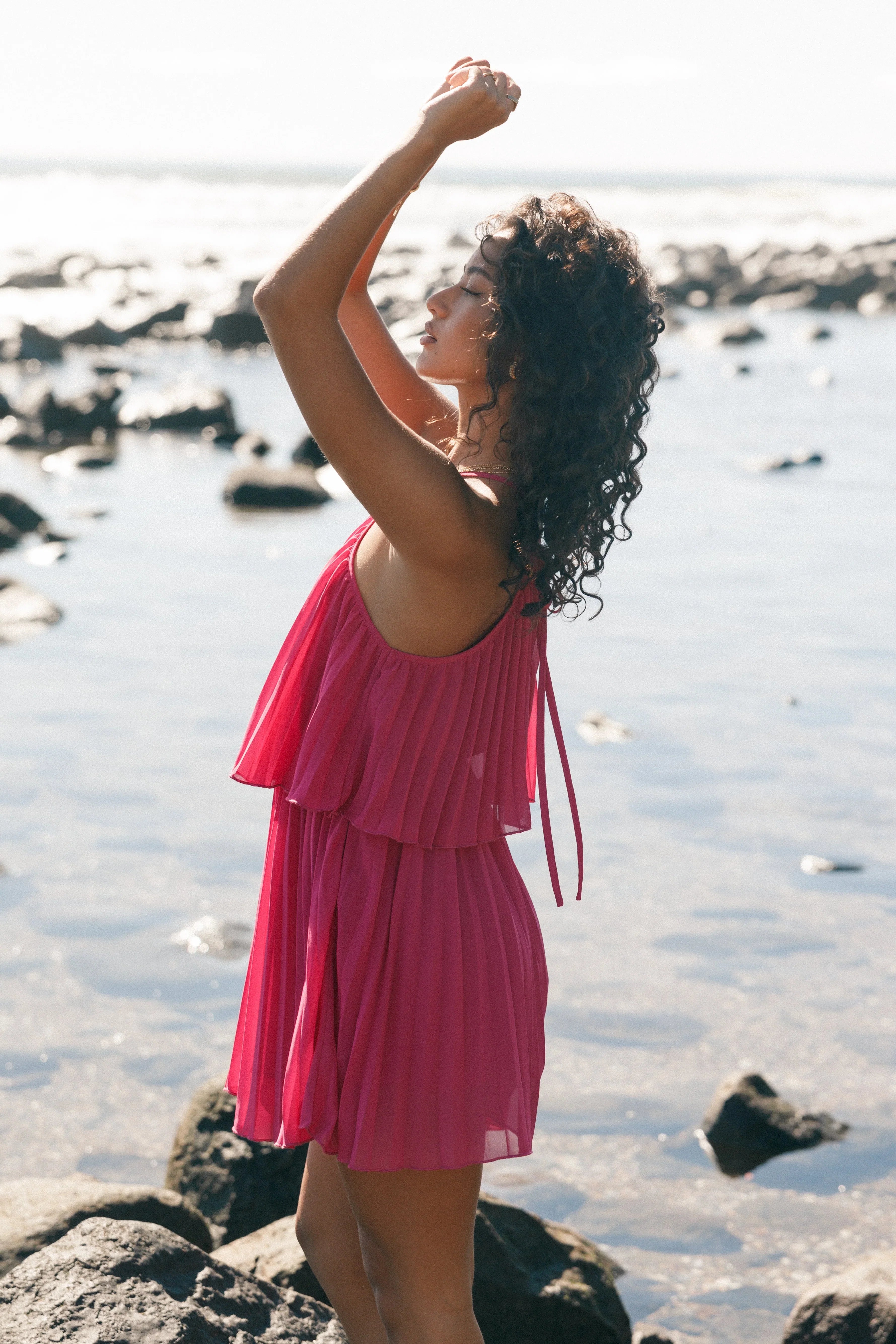 Gia Pleated Halterneck Mini Dress Hot Pink