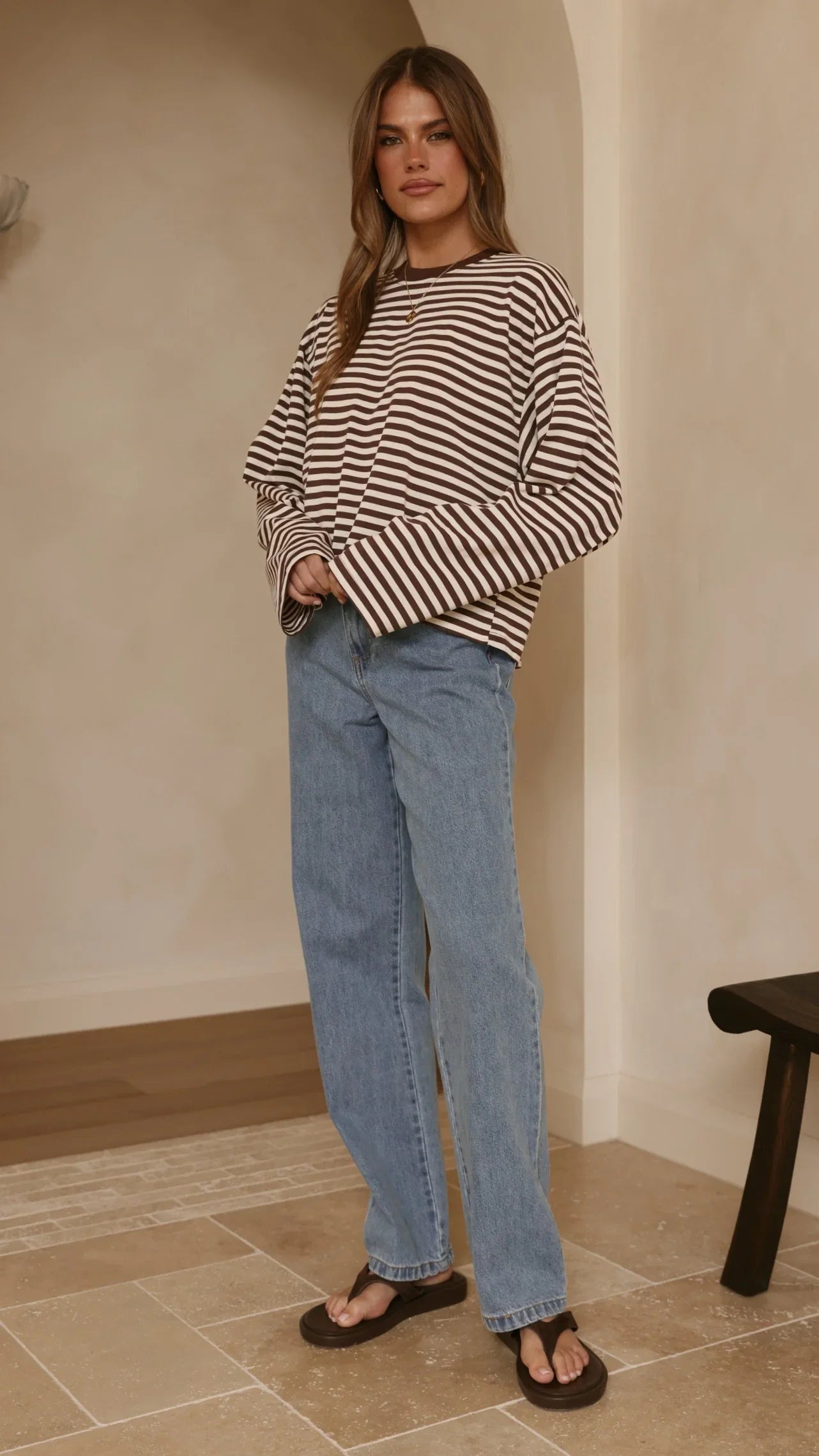 Solana Long Sleeve Top Choc White Stripe