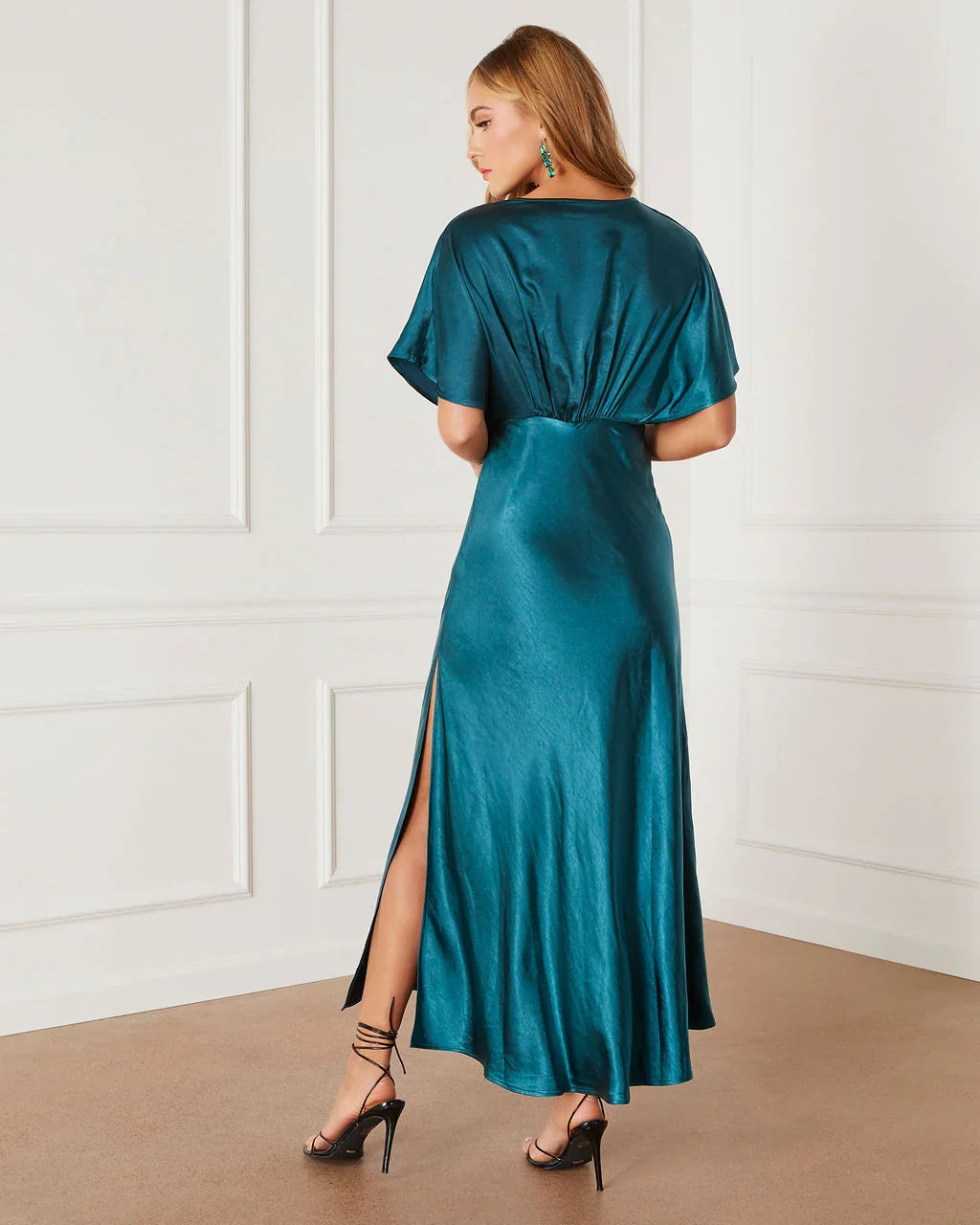 Theia Satin V Neck Maxi Dress