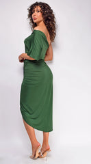 Pearl Venetian Ruched Midi Dress Hunter Green
