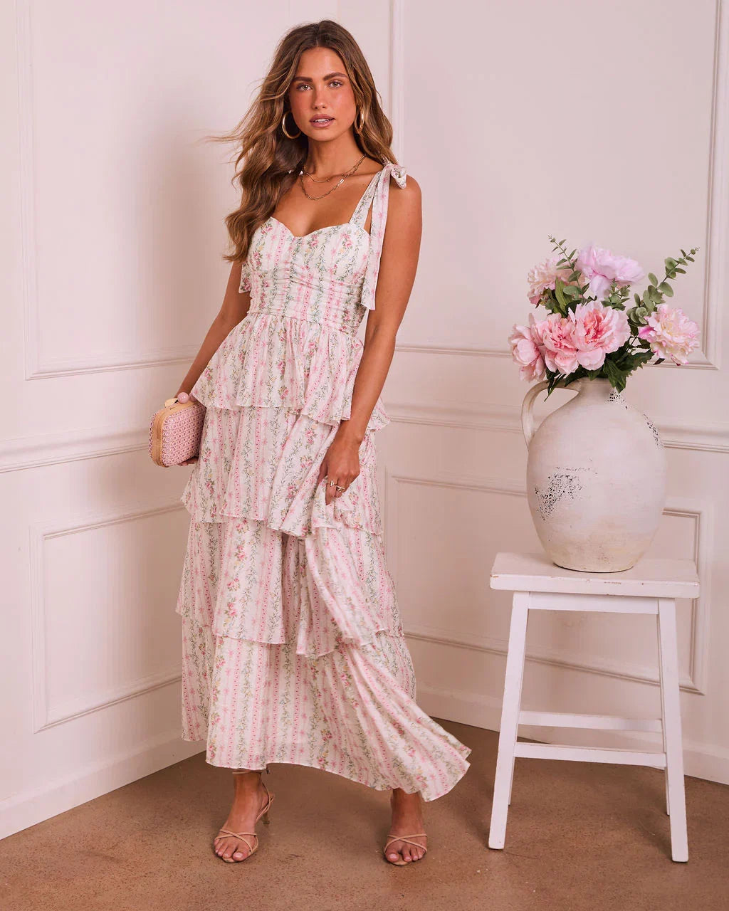 Honey Blush Tiered Floral Midi Dress