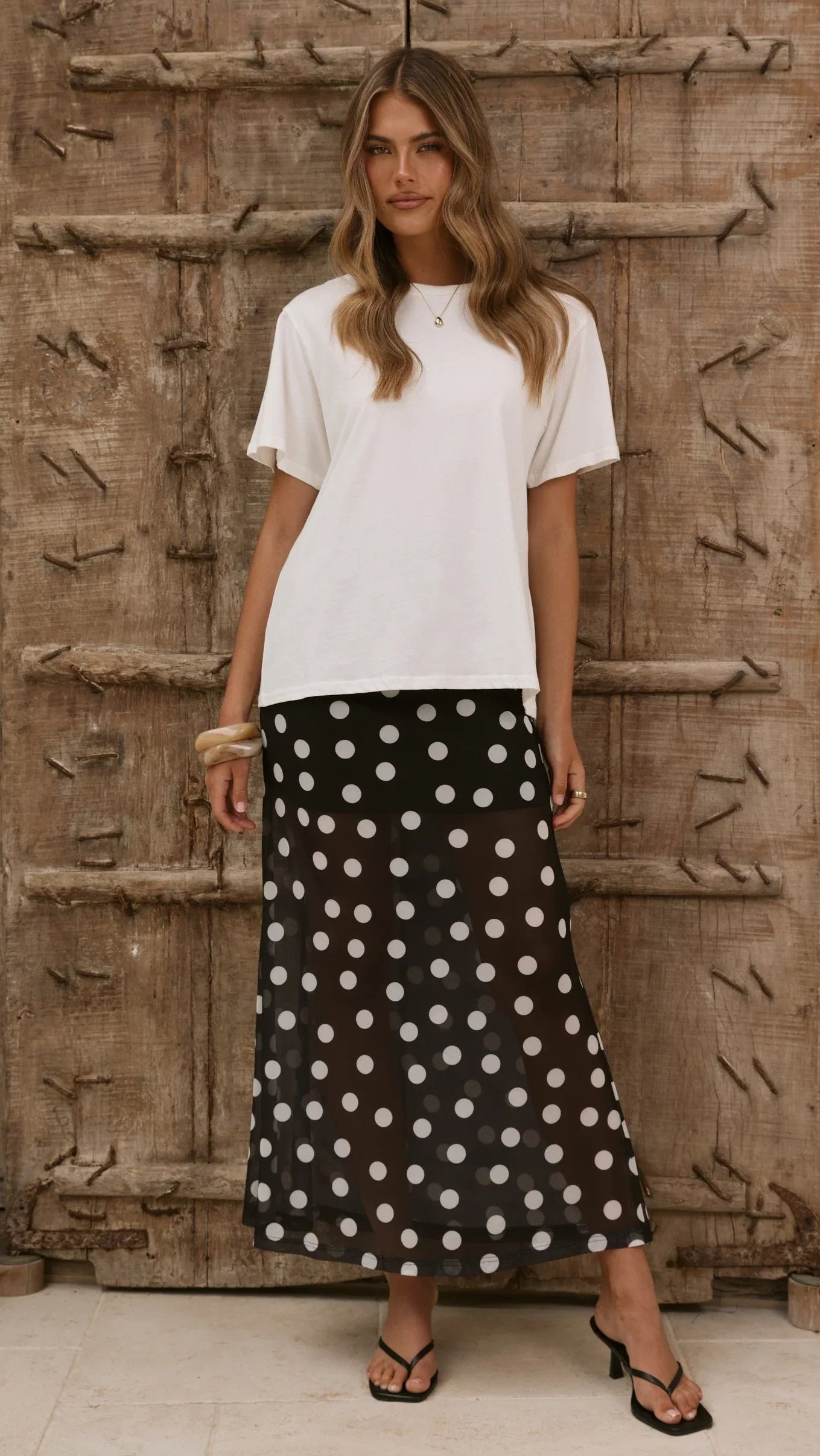 Onella Semi Sheer Maxi Skirt Black White Polka Dot