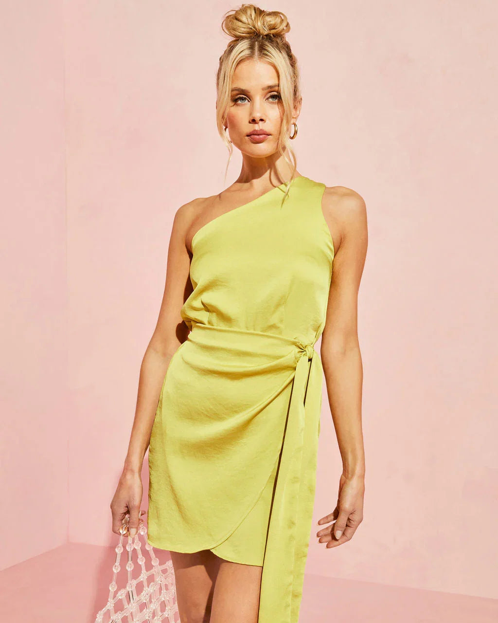 Mabel Satin One Shoulder Front Tie Mini Dress