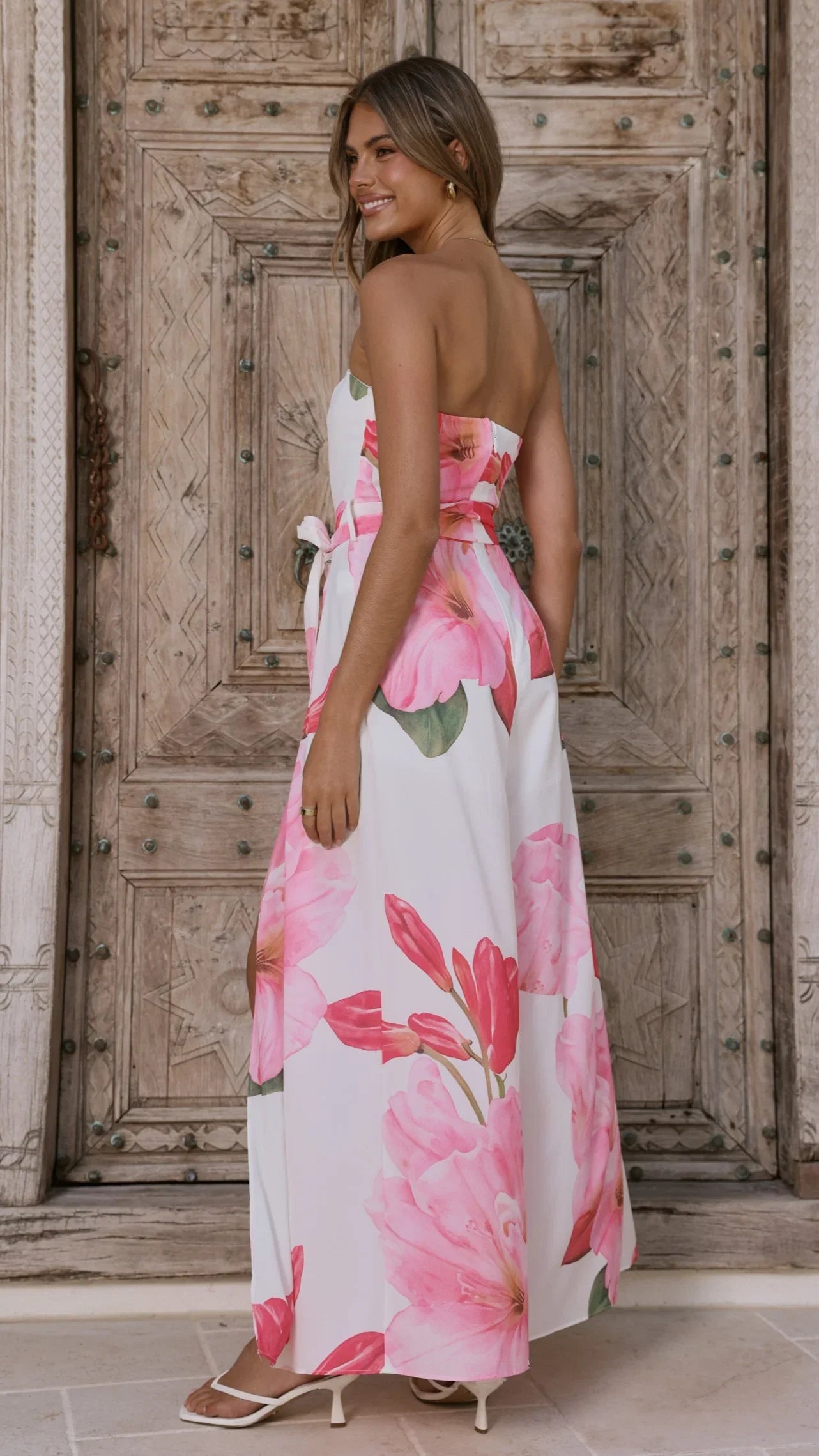 Carson Front Split Strapless Jumpsuit Pink Floral