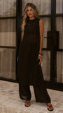Zaire Long Line Sheer Top and Pants Set Black