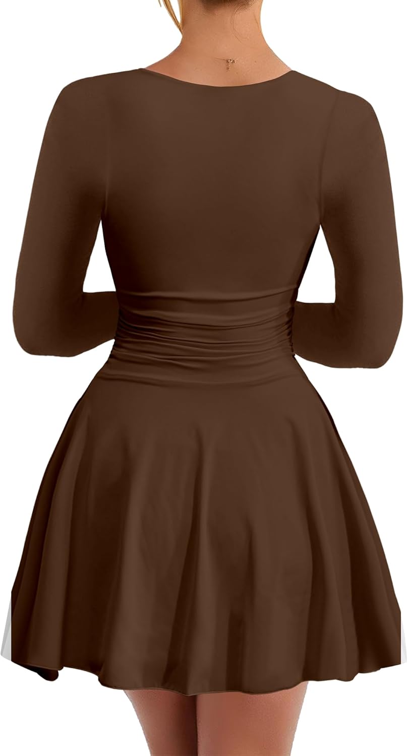 Square Neck Long Sleeve Mini Dress Ruffle Hem Corset Short Party Club Dresses