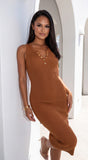 Milana Henley Ribbed Midi Dress Caramel Brown