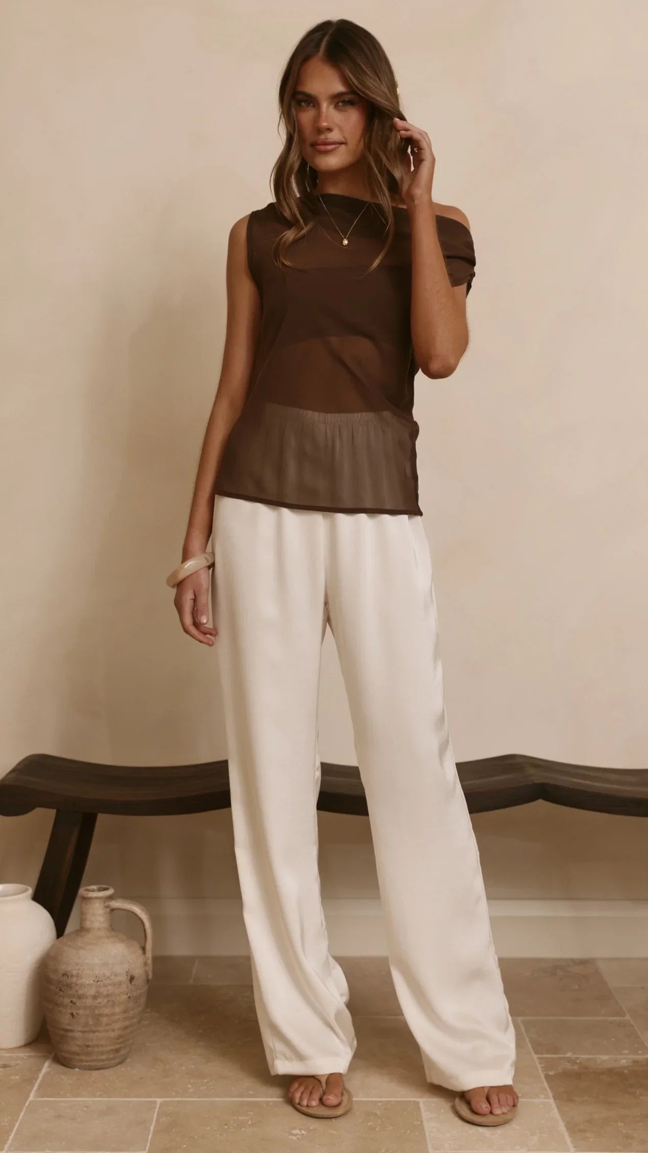 Zabella Sheer Off Shoulder Top Chocolate