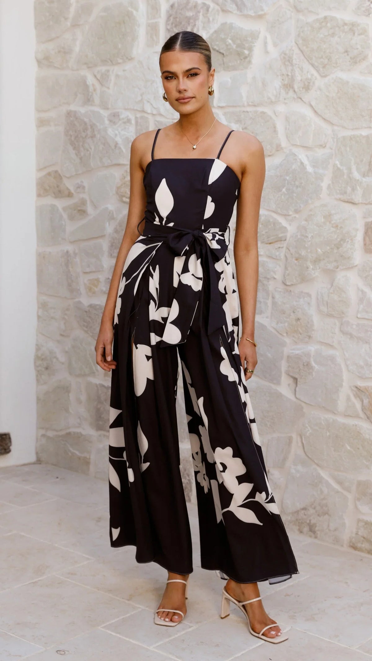 Carson Front Split Strapless Jumpsuit Black Floral