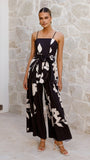 Carson Front Split Strapless Jumpsuit Black Floral